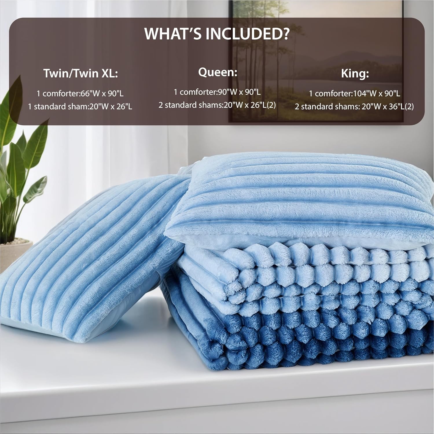 Cuddly Ribbed Fluffy Comforter Set Queen Size, Super Soft Plush Fleece Bedding Set, Warm Fuzzy Comforter with Matching Shams, All-Season Cozy 3-Piece Bed Set, Blue Ombre - Image 8