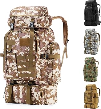 Hiking Backpack Tactical Backpack for Men Women, 80L Military Backpack Rucksack Waterproof Large Travel Camping Backpack for Men, Molle Rucksack Outdoor Travel Cycling Daypack Desert Camo