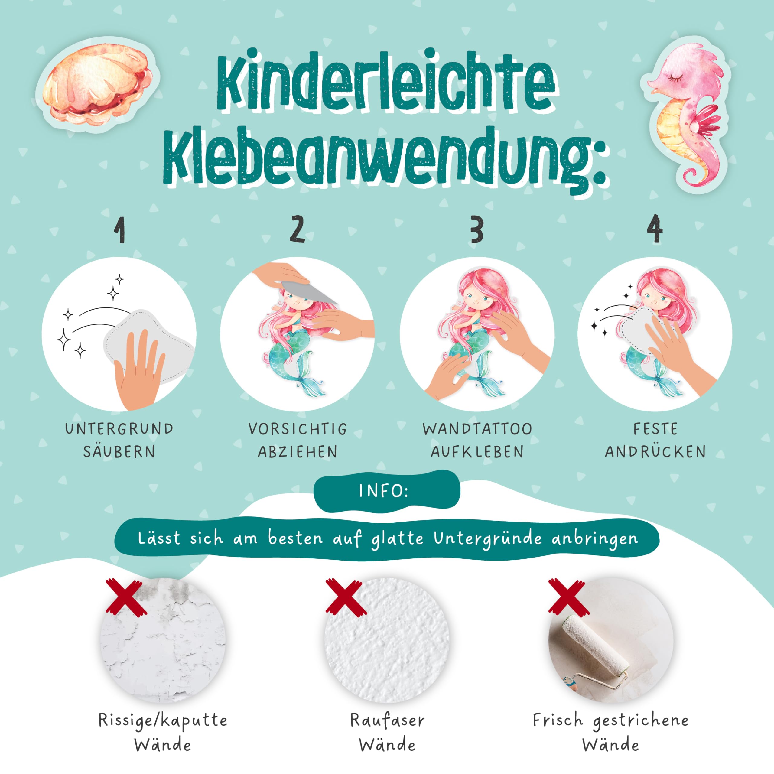 Papierdrachen Wall Tattoos, 8 Sheets with Wall Stickers for Children, Nursery Room Decoration, Mermaid, 22 x 30 cm per Sheet - Image 4
