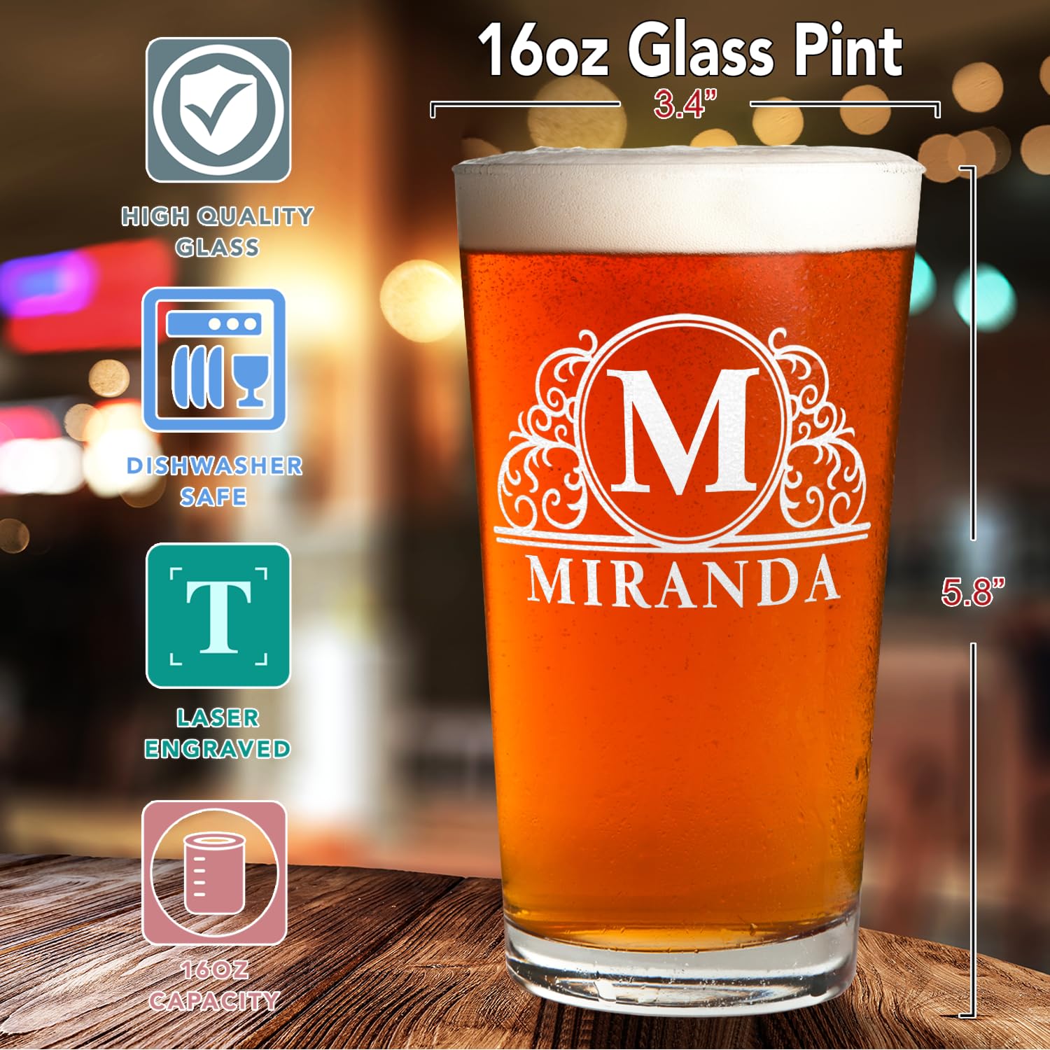 Personalized Beer Glass Elaborate Circle Monogram Initial and Name Laser Engraved 16 oz Pint Drinking Glasses Customized Mug Birthday Gift for Men and Women