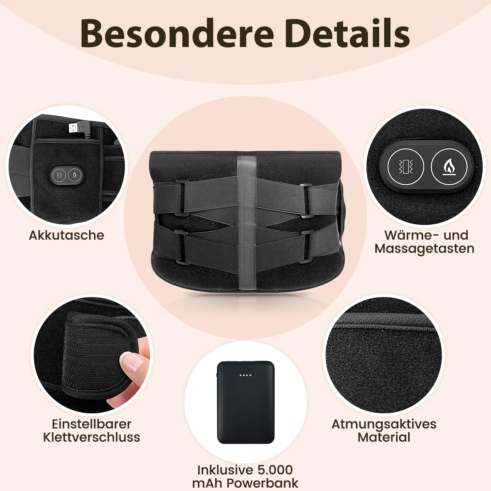 AROMA SEASON Wärmegürtel Vibrationsmassage mit Akku | Heizkissen für Rücken mit Massagegerät und Abschaltautomatik | Kabellos Rückenwärmer
