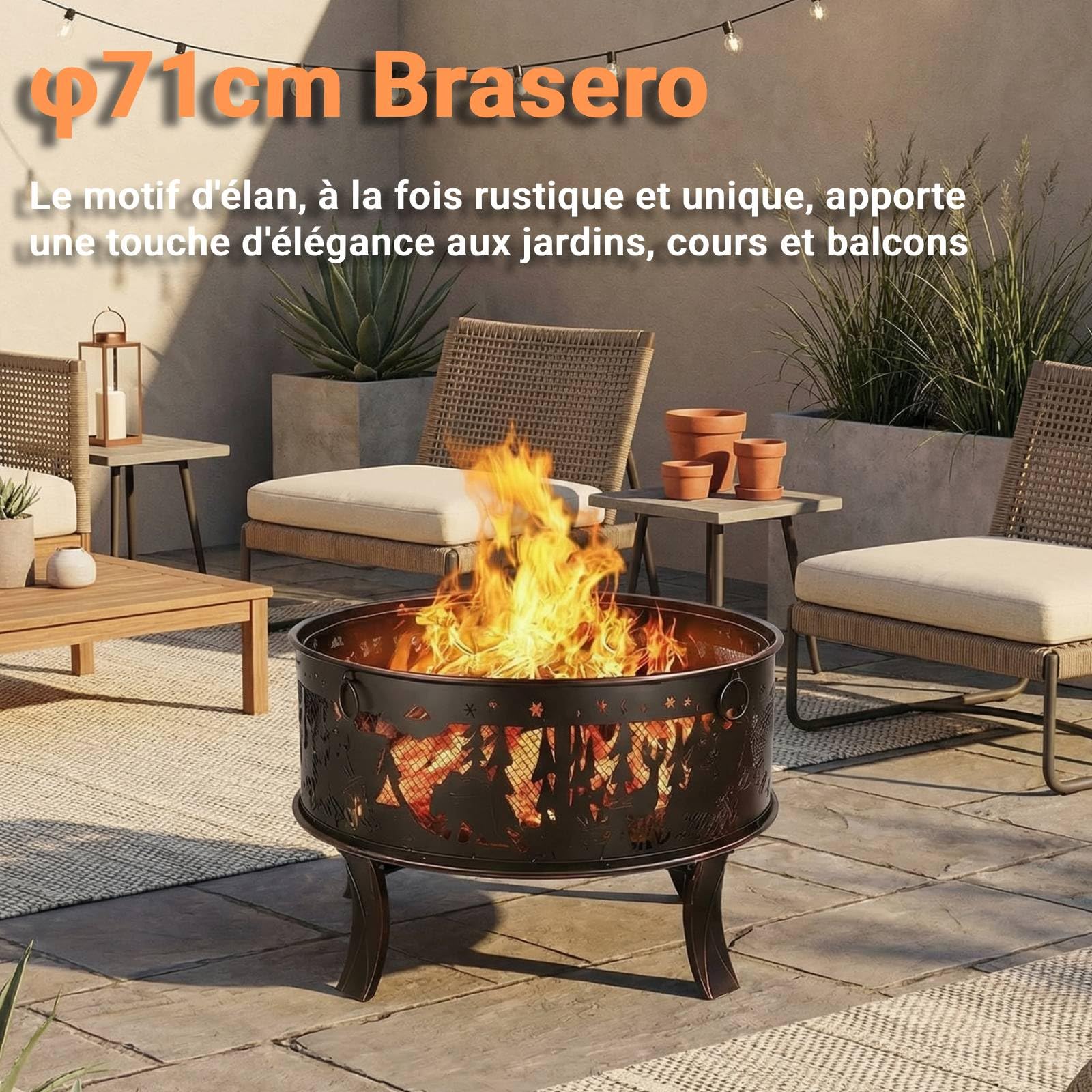 TLGREEN Brasero Extérieur pour Jardin, brasero avec Protection Anti-étincelles, Foyer Stable Ø 71 x 65 cm, avec Grille à Charbon de Poker, 4 PCS Pied, pour Plage, Terrasse, Look rétro, Motif d'élan