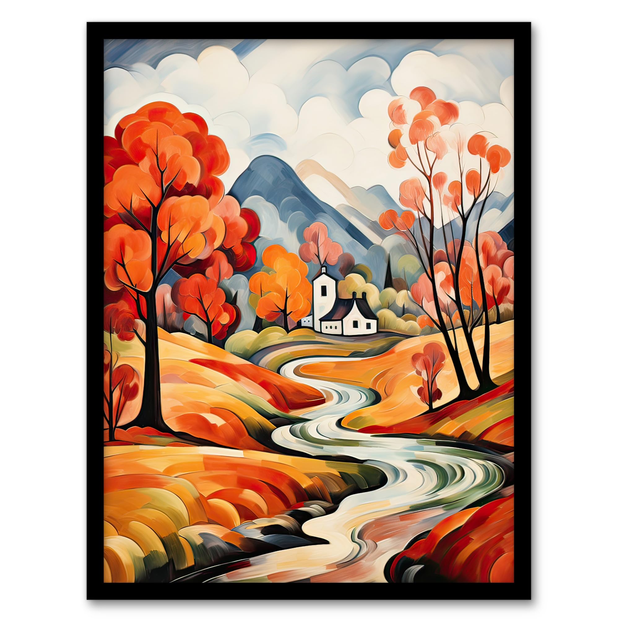 Artery8 Autumn Countryside Landscape Watercolour Painting Orange Green Blue River Leading to Country House Village Artwork Framed Wall Art Print 18X24 Inch