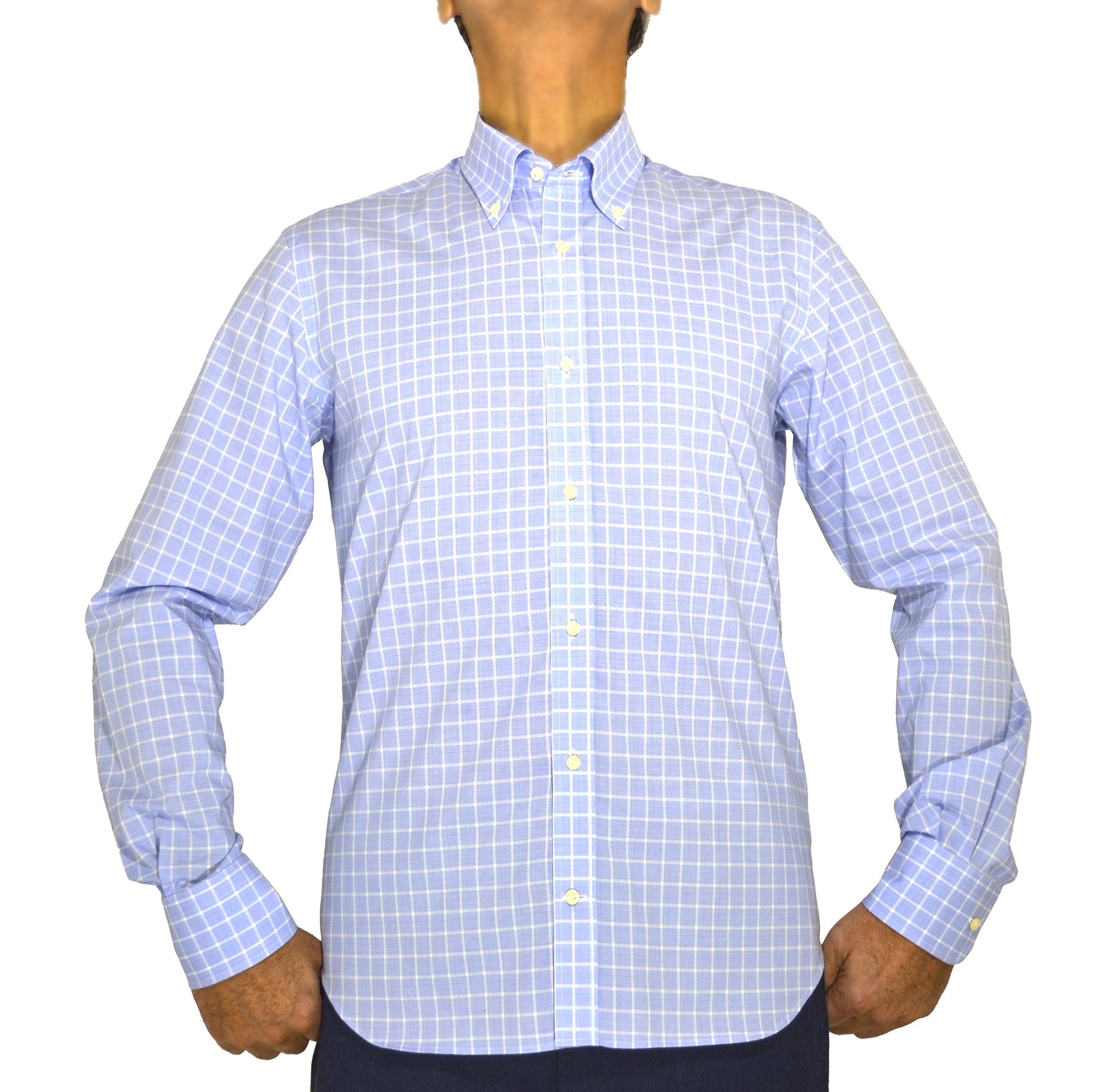 E. MECCI M06 Men's Shirt 100% Cotton Check Light Blue Regular Fit Long Sleeve