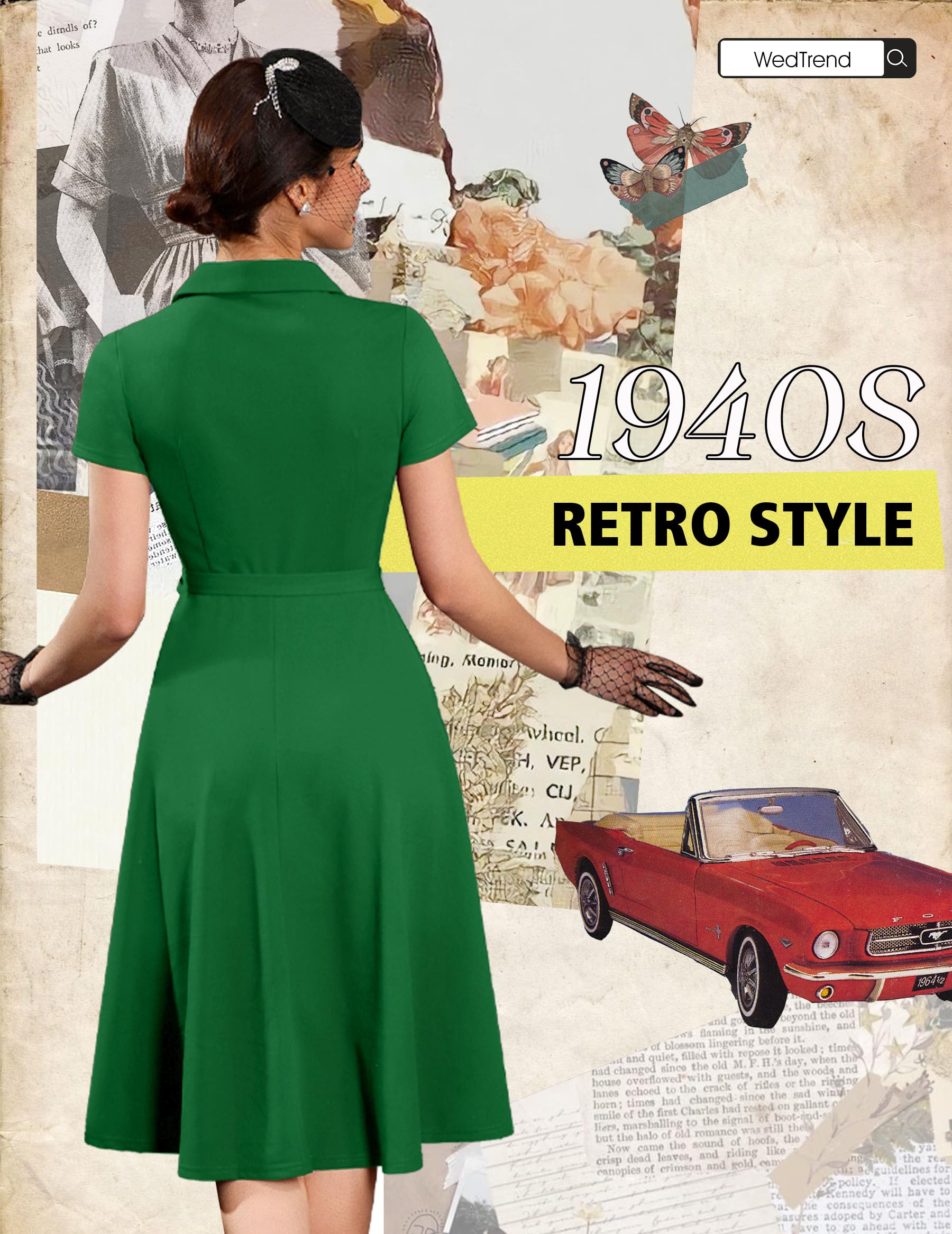 Wedtrend Damska sukienka herbaciana w stylu vintage, z krótkim rękawem, koktajlowa, na imprezę, do pracy, kościoła, na co dzień