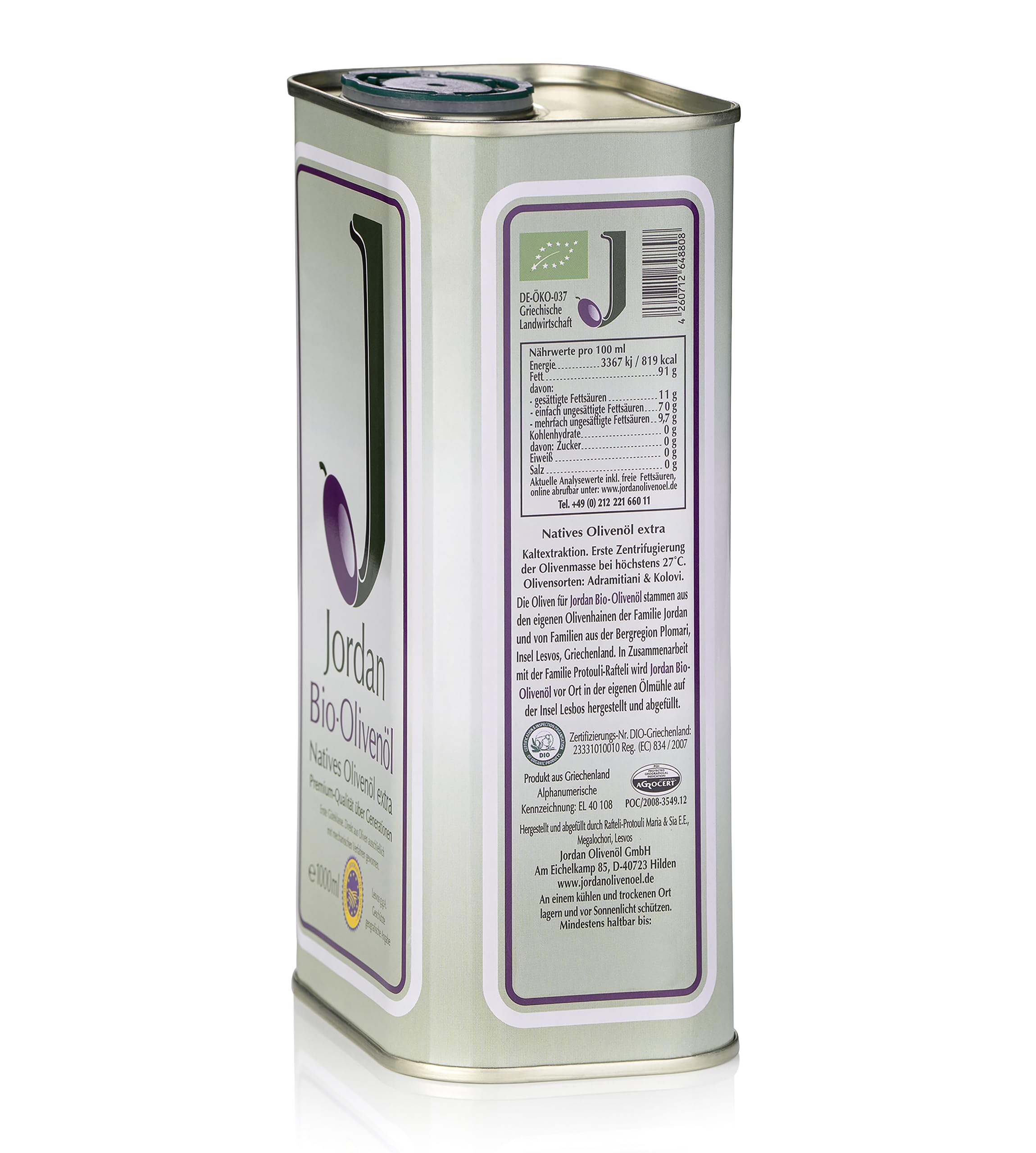 Jordan Olivenöl - griechisches Bio-Olivenöl von der Insel Lesbos - 1,0 Liter Kanister mit integriertem Ausgießer - GR-BIO-01
