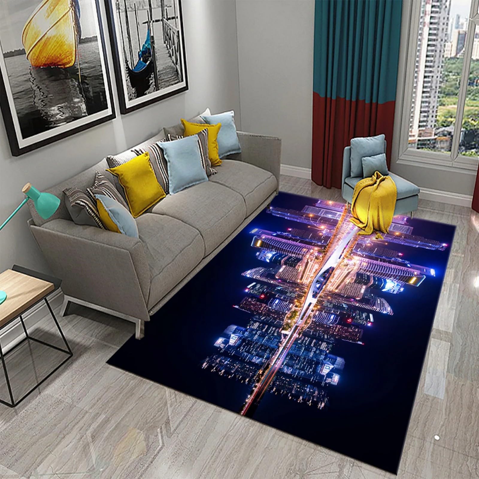 Tapis de zone imprimé 3D ville, tapis de sol lavable pour masquer les imperfections
