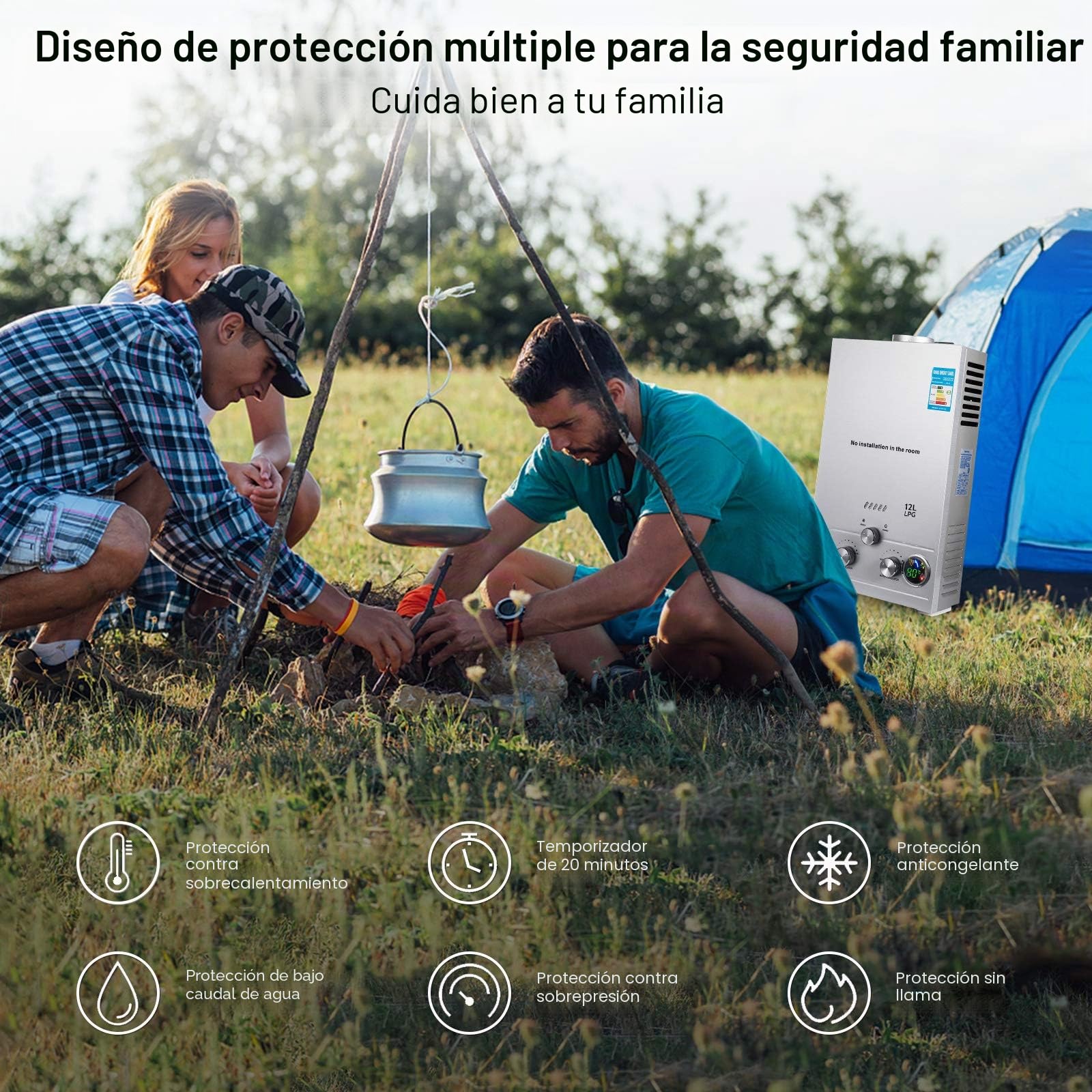 Calentador de agua de gas, 6LPM, calentador de agua instantáneo con gas, camping, GLP, propano, butano, 12 kW, acero inoxidable, presión de agua ultra baja, adecuado para la familia, autocaravanas
