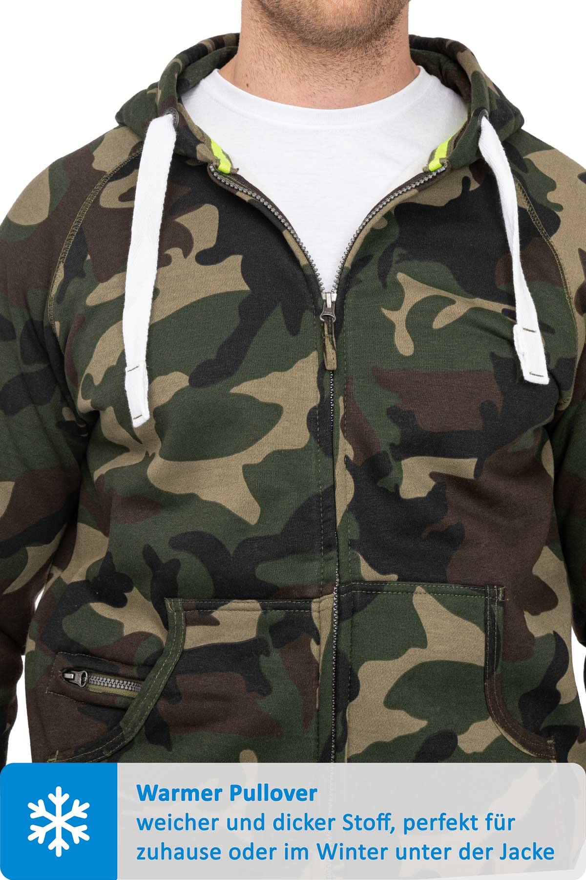 Happy Clothing Herren Sweatjacke Camouflage - Kapuzenjacke mit Tarnmuster, weiches Fleece innen, Baumwollmischung, 300 g/m², Zip Hoodie mit Zwei Taschen, Regular Fit, Militär - Größen XS-5XL