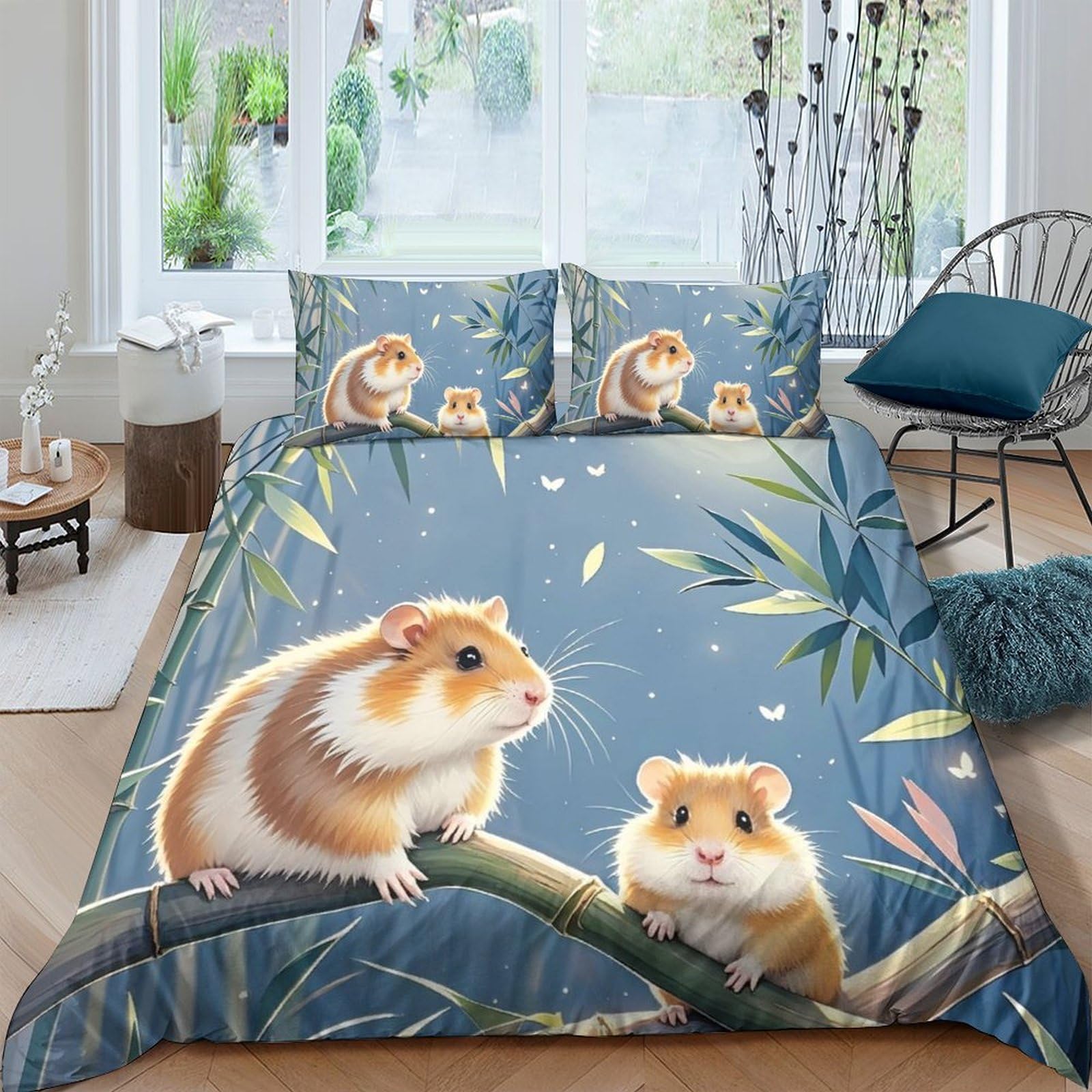 Ctjqhvkz Style-3 3D Printed Hamster And Bamboo Fitted Sheet Microfiber Anti-Slip Bed Cover Animal Decor For Bedroom Guest Room Single（135X200cm）