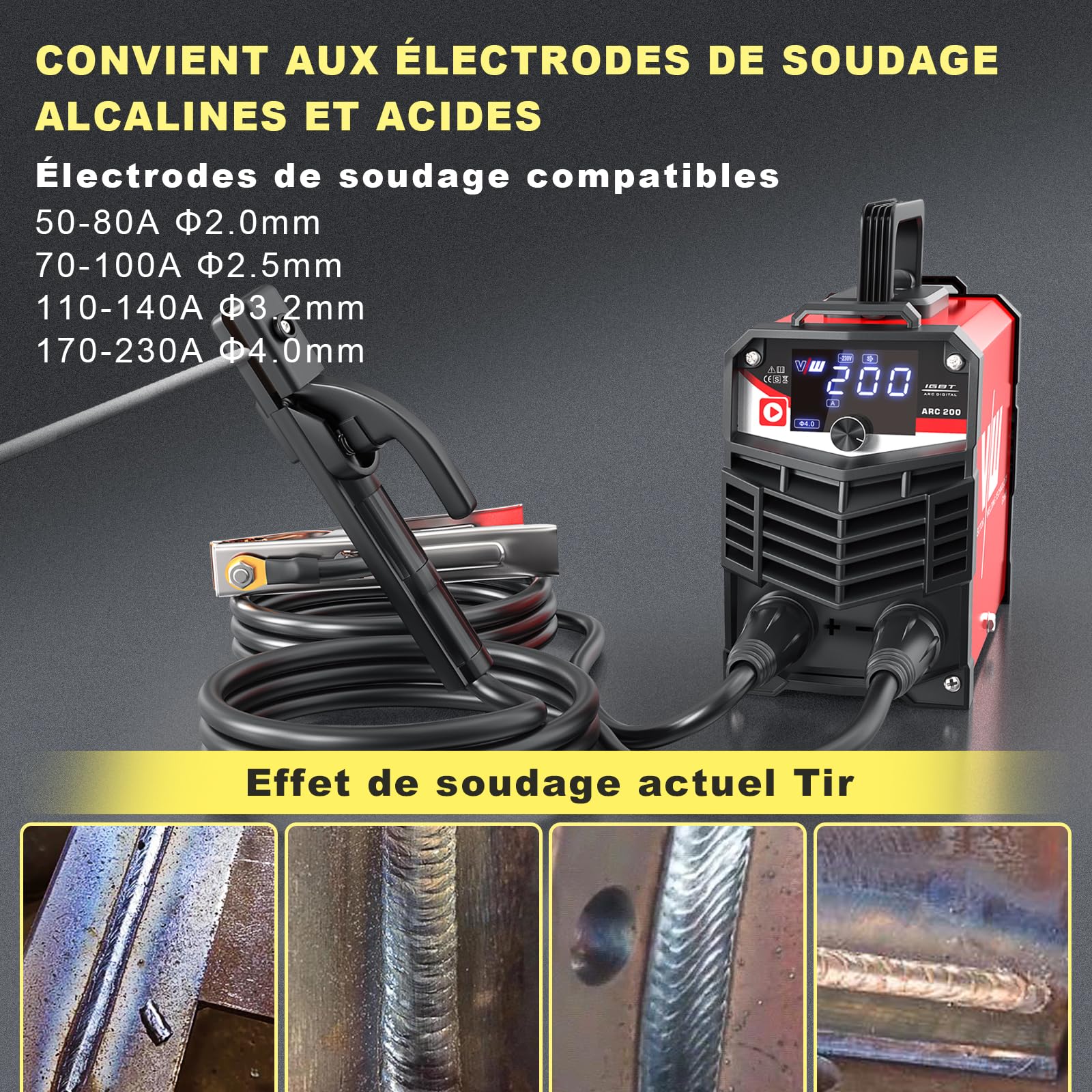 VECTOR WELDING Poste à Souder Inverter d'électrodes 200 A, Soudure d'électrodes MMA/STICK avec écran LED, MMA/STICK, IGBT, kit de soudure ARC 200