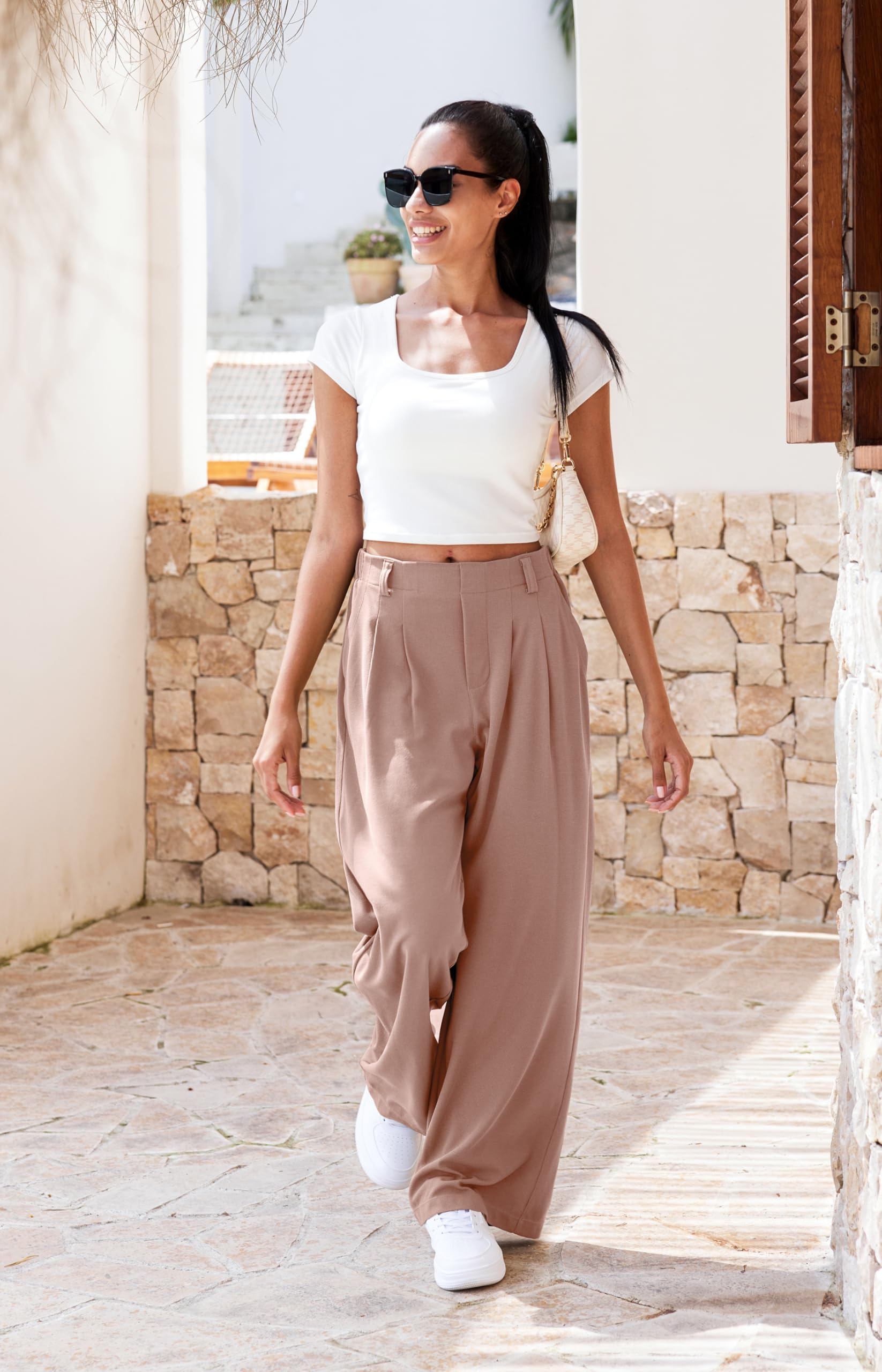 Libin Pantalon à jambe large pour femme - Taille haute - 73,7 cm - En tricot gaufré - Décontracté - Pour le travail - Pantalon palazzo avec poches