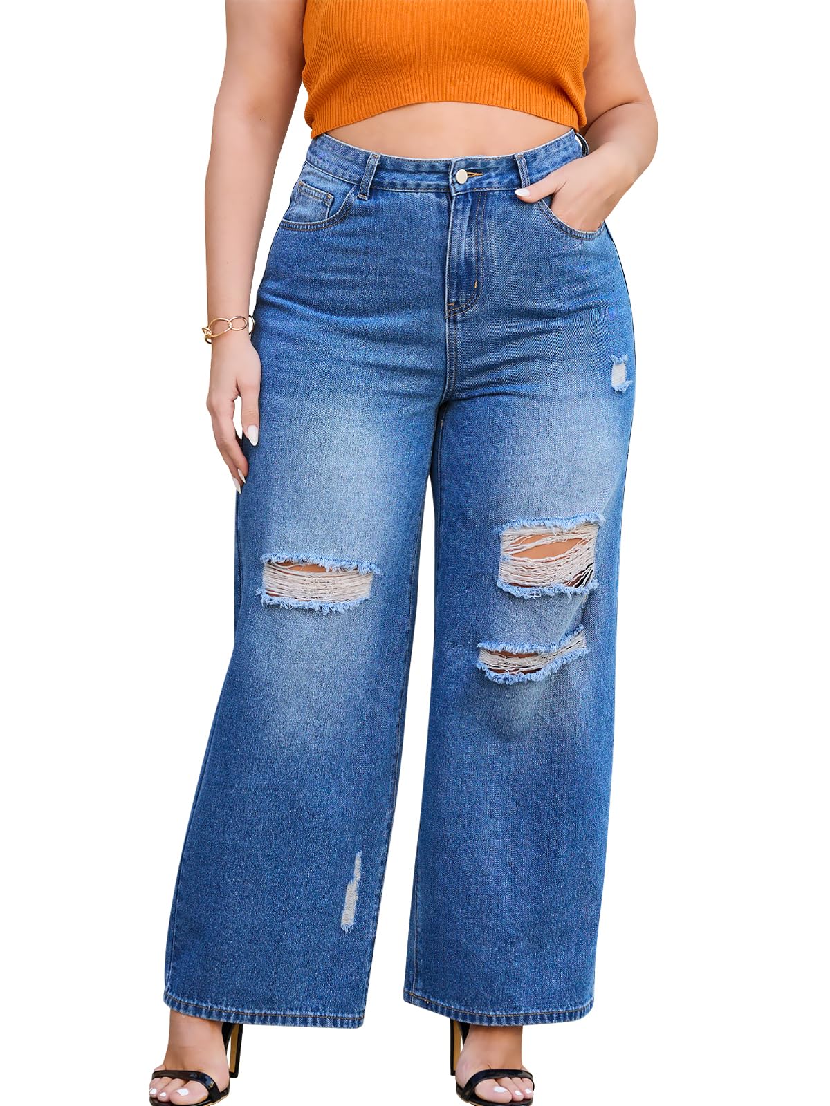 SQIQY Women's Wide Leg Jeans with High Waist Distressed Ripped Jeans Straight Leg Denim Pants (Standard)