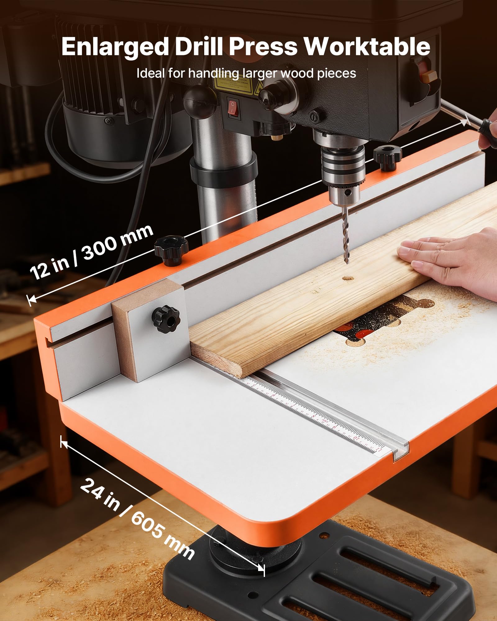 VEVOR Table pour Perceuse à Colonne 600x298 mm Table de Perçage pour Perceuses à Colonne, avec Butée et Guide Réglables, Rainures T Compatibles avec Divers Étaux Pinces, Plateau MDF, Échelle Intégrée