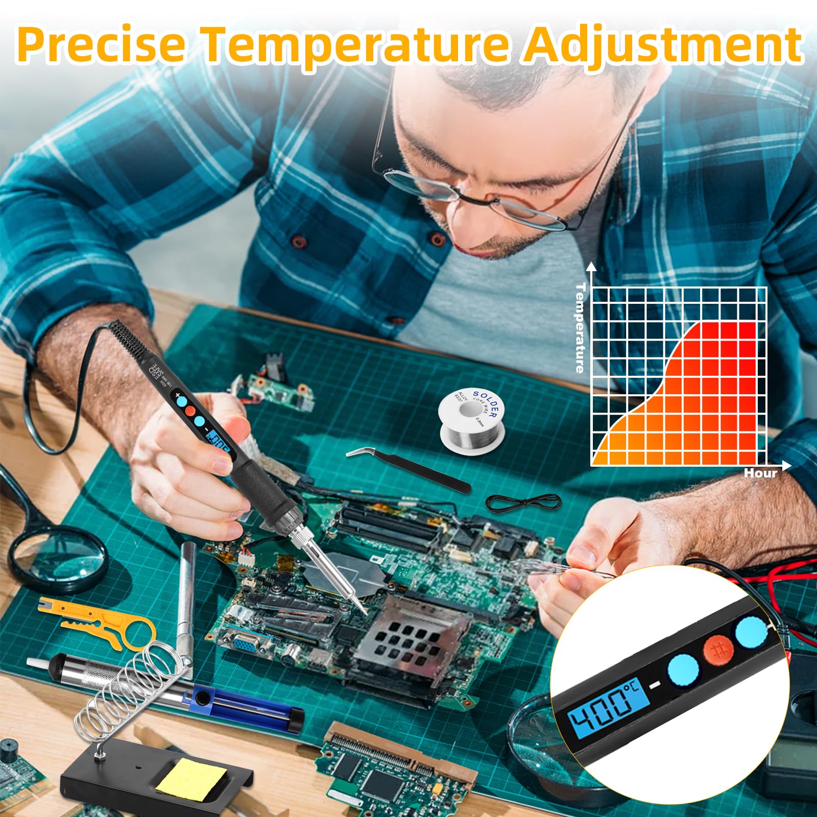 Fer à Souder Kit, Fer a Souder Etain Température Réglable 180-500°C Fer a Souder Electronique de Precision avec Etain a Souder, Pompe a Dessouder, Multimètre Numérique, 5 Conseils de Soudage