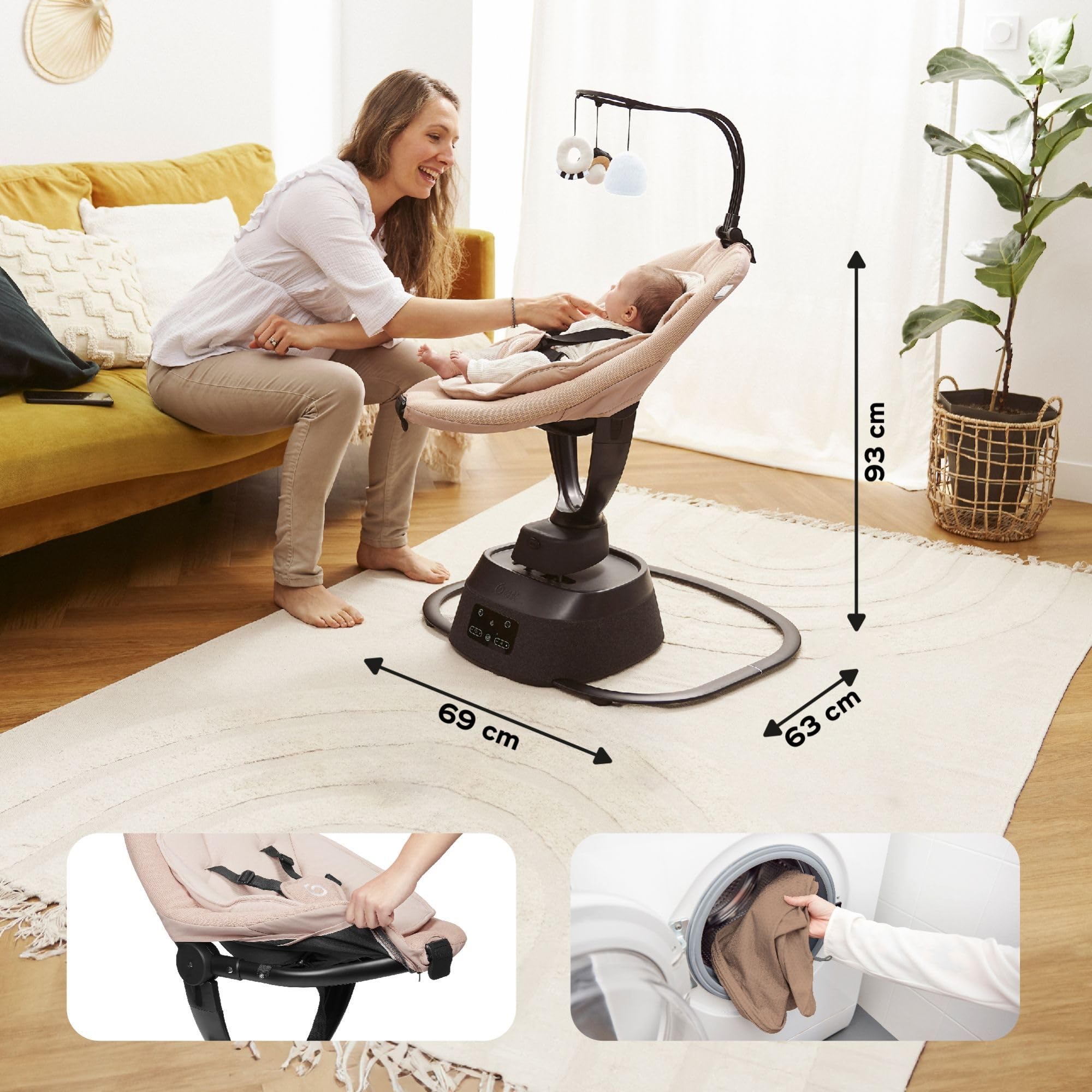 Babymoov Elektryczna huśtawka dziecięca Swoon Evolution Moccapołączona z aplikacją mobilną - strumieniowe przesyłanie muzyki, nagrywanie głosu i niestandardowe kołysanki - Siedzenie 360°- Reduktor