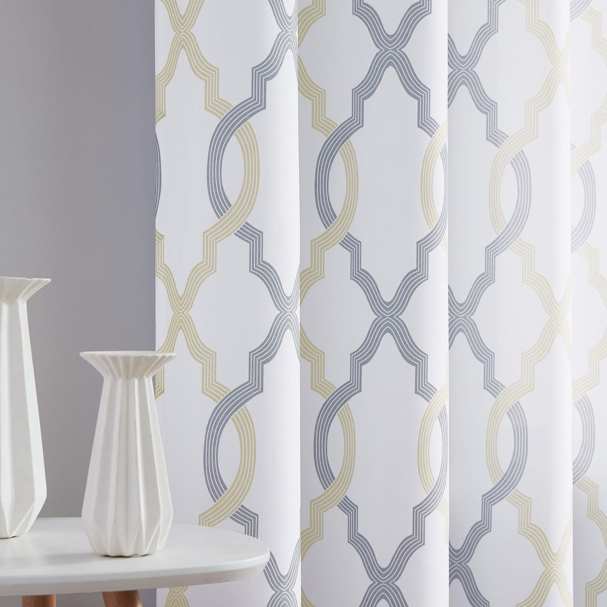 Yellow Grey Sheer Grommet Window Curtains, Moroccan Tile Print Panels