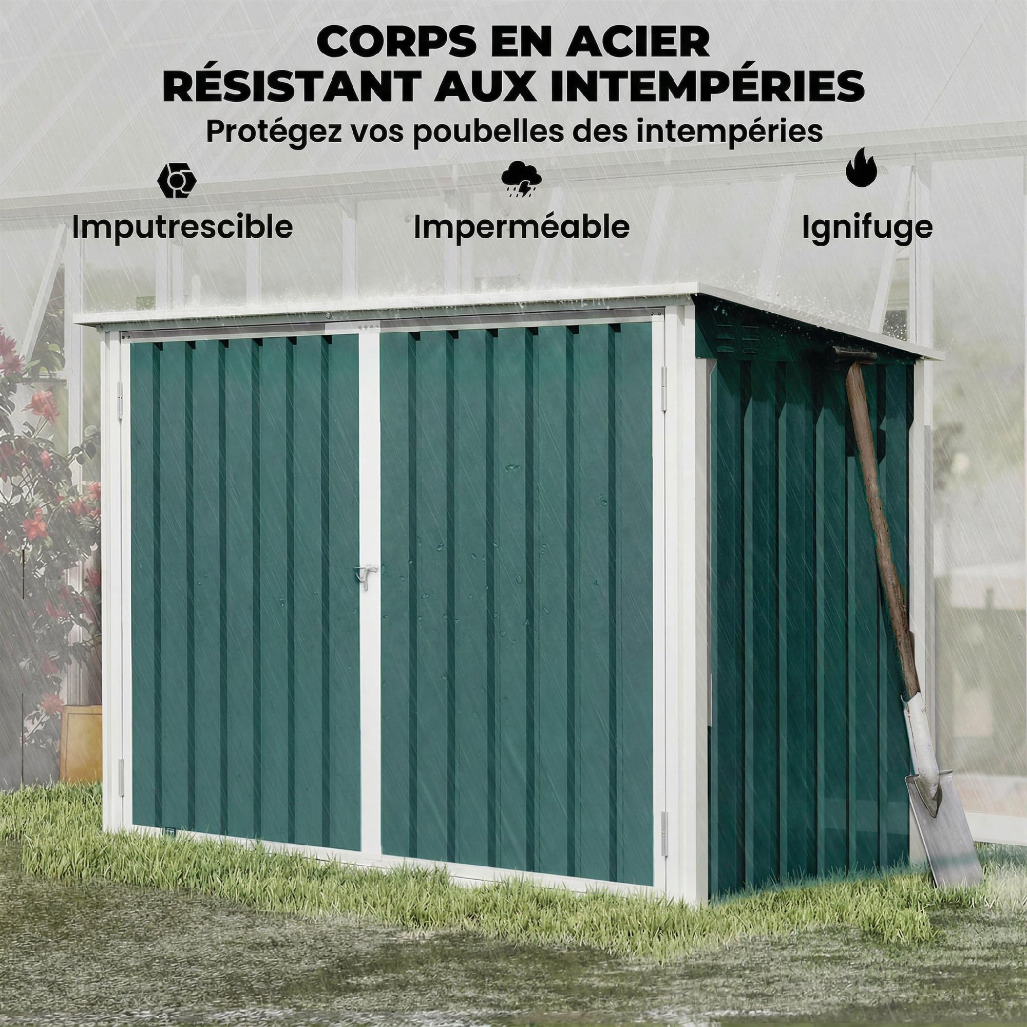 Outsunny Cache Poubelle Double Acier Galvanisé pour 2 Poubelles de 240L - Abri de Jardin avec Couvercle Lié par Chaînes, Vérins à Gaz et Portes Verrouillables - Coffre de Jardin 179,5x108x129,5cm Vert