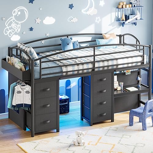 Low Loft Bed Twin Size with 7 Storage Drawers, Desk and LED Lights, Heavy Duty Metal Kids Loft Bed with 12" H Safety Guardrail, Anti-Collision Pad, Private Play Curtain, Under-Bed Play Space - Black