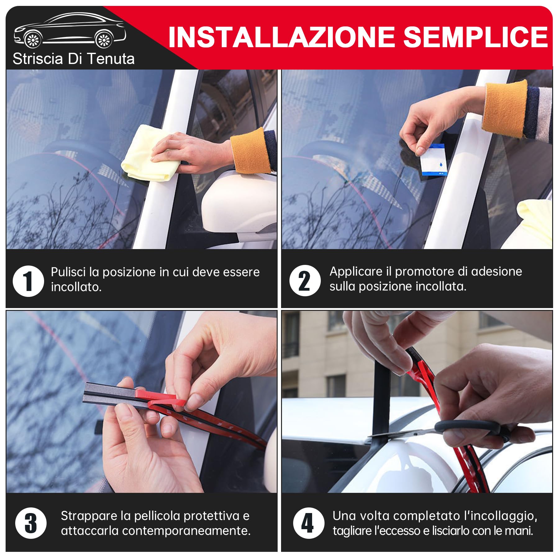 Striscia di Tenuta in Gomma per Auto 3,8 m.Guarnizione Autoadesiva Universale per Parabrezza e Portiere.Protezione Antirumore e Impermeabile per Portiere e Parabrezza Anteriore Posteriore dell'Auto