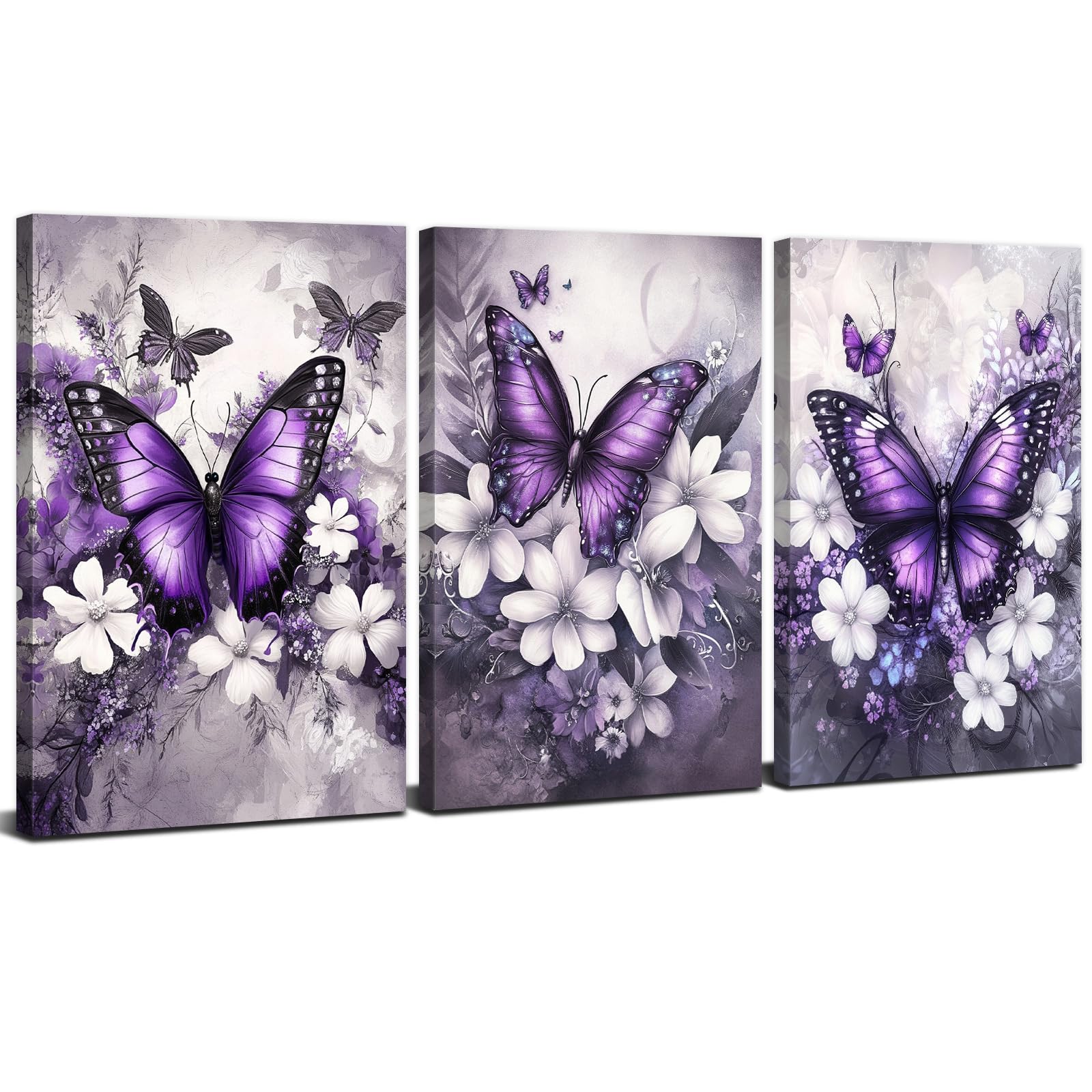 3Pcs Lila Schmetterling Leinwandbild Deko Weiße Blumen für S