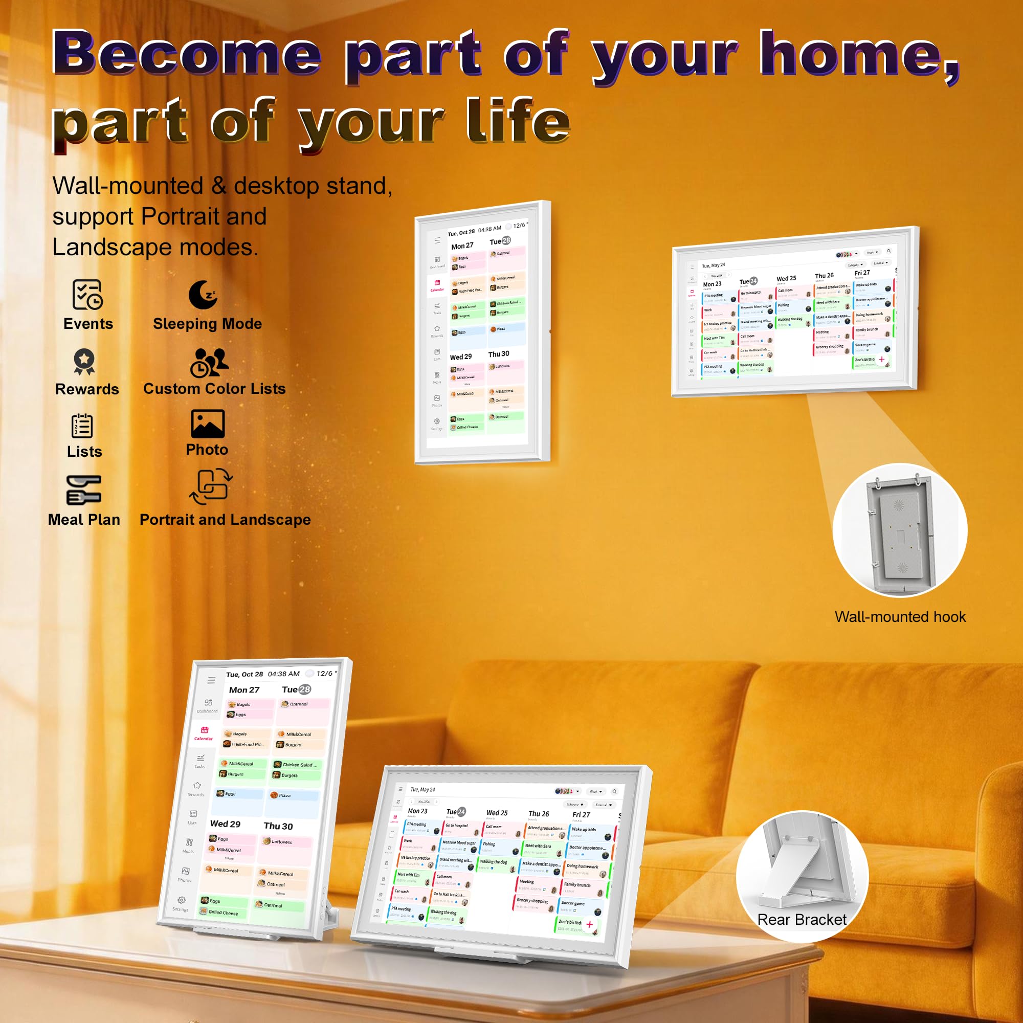 15,6 Zoll Digitaler Kalender Wand, Smart Home Wandplaner & Elektronische Chore Chart ohne Abo, WiFi Touchscreen Sync mit Google/iCloud/Outlook, Mahlzeitenplaner & Aufgaben-Organizer, Android 14