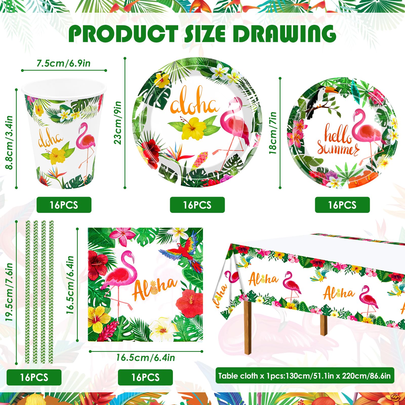 Flamingo, set di stoviglie per feste, decorazione per compleanno, per bambini, con fenicottero, ananas, per vacanze, estate, ragazzi, ragazze, feste, 16 ospiti