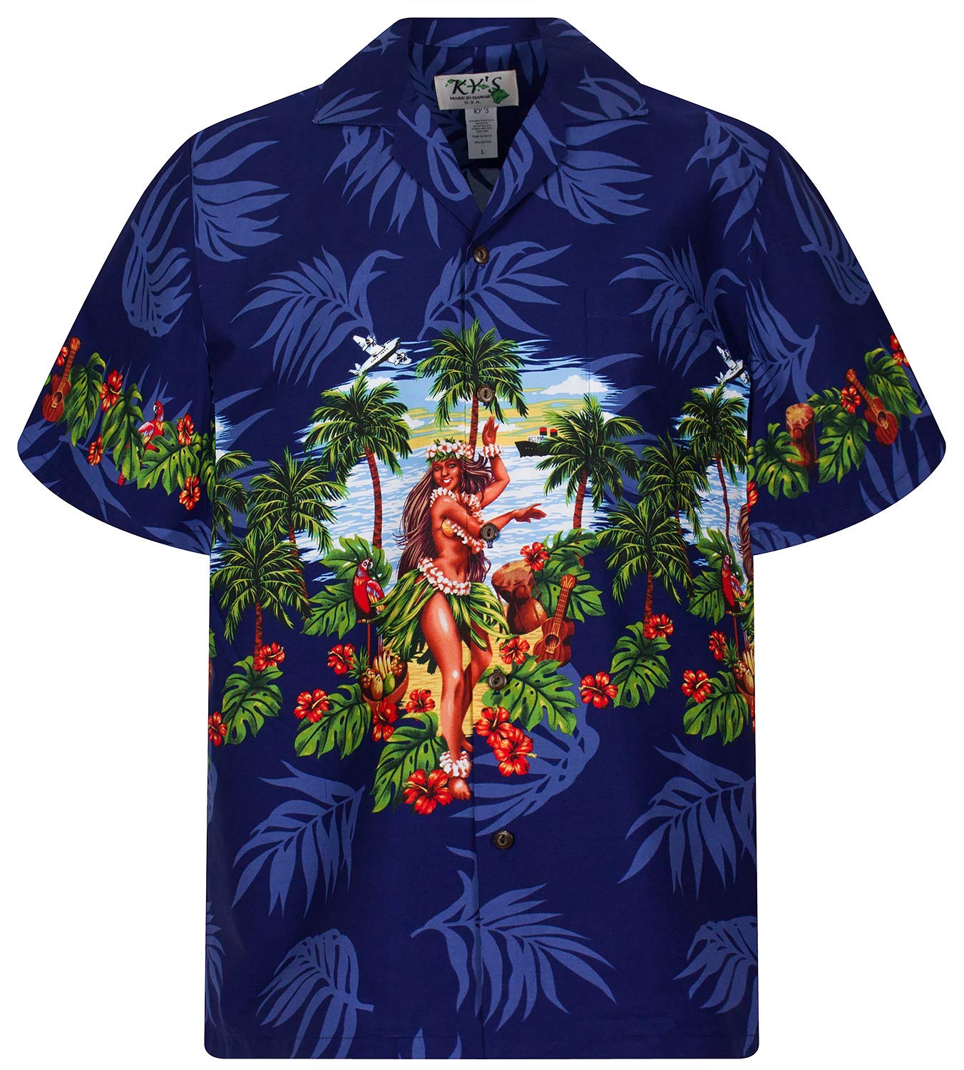 KY's`s Original Hawaiian Shirt, Hula, Blue, XXL