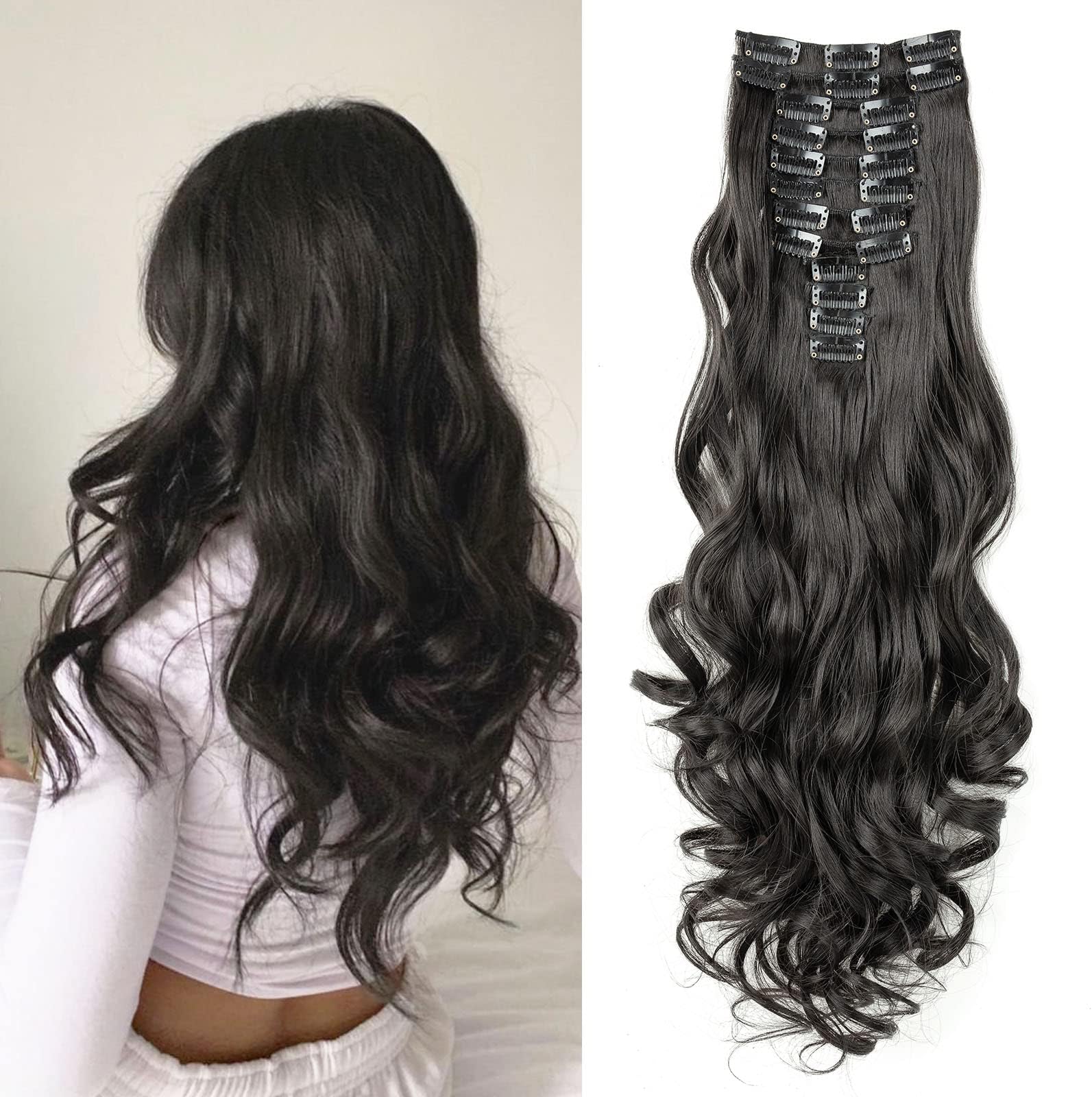JIAMEISI Clip in Hair Extension Long 22inch Off Black Curly Full Head Synthetic Clip on Hair Extension 180 Gram Thick Double Weft Hair Extensions Wavy Hairpieces for Women