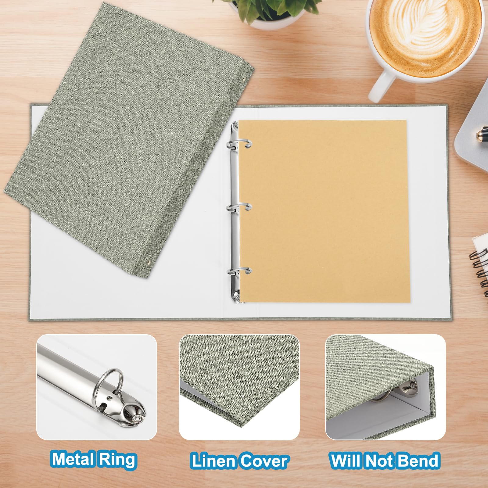PATIKIL A4 Size 3 Ring Binder,2Pcs 1 Inch Round Ring Durable Linen Hardcover Binder Fit for 8.5" x 11" Paper Recipe Photo Office, Grey - Image 4