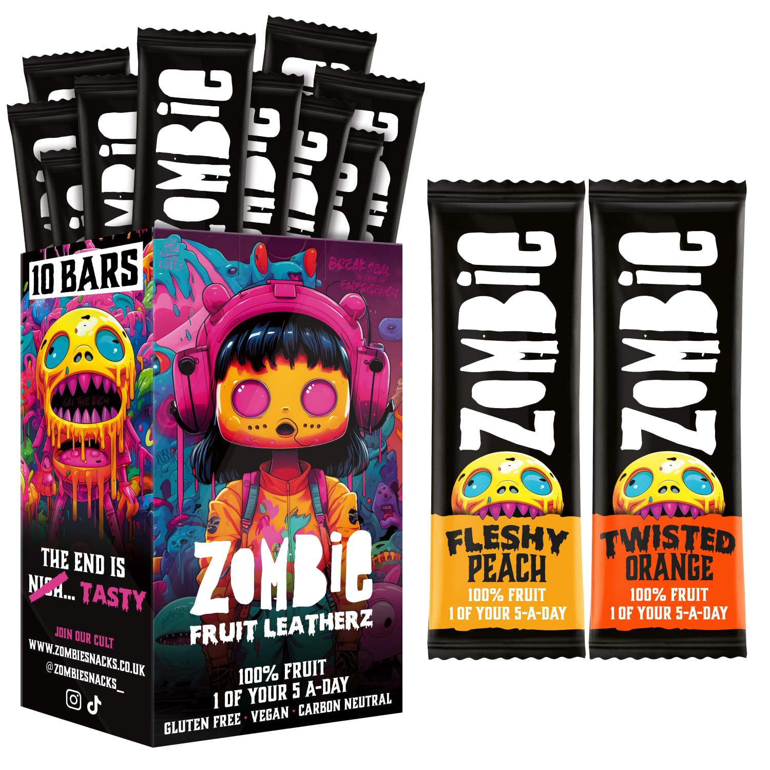 Zombie Fruit Bars, Orange & Peach (10 Bars, 2 Flavours), 100% Dried Fruit, Healthy Snacks for Adults, Kids, Low Calorie, Gluten Free, Vegan, Halal, Bulk, Real, No Added Sugar, Natural, Roll Ups