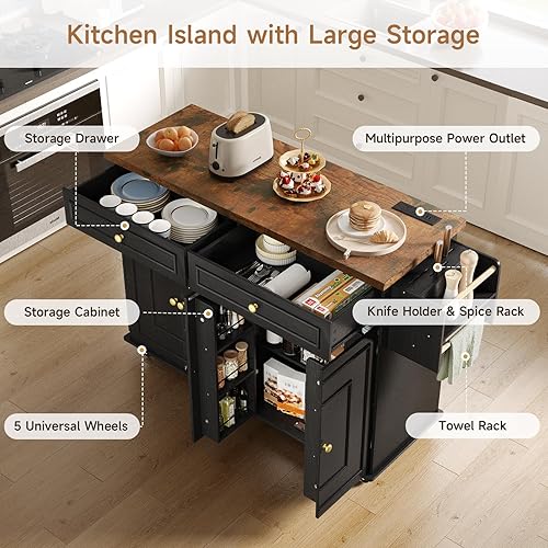 Miniatura 3 de ONBRILL Isla de cocina móvil de 58 pulgadas, carrito de isla de cocina con toma de corriente, mesa de isla para cocina, carritos de bar con