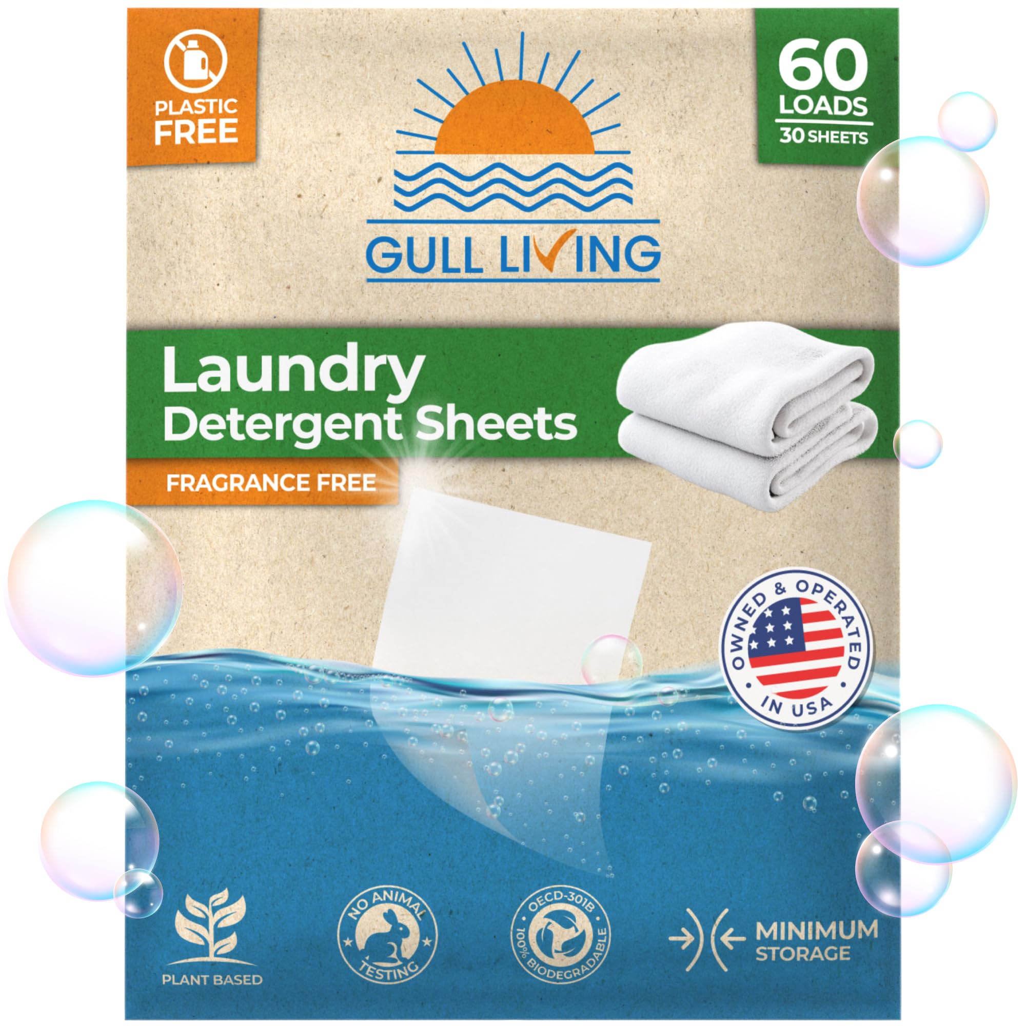 Gull Living Travel Laundry Detergent Sheets Unscented - 60 Loads - Dissolves Quickly, Removes Stains & Odors - For Home and Travel Laundry Sheets