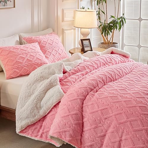 Miniatura 4 de Joyreap Juego de edredón de 3 piezas de sherpa de piel sintética esponjosa, color rosa, juego de edredón de lujo copetudo, para todas las