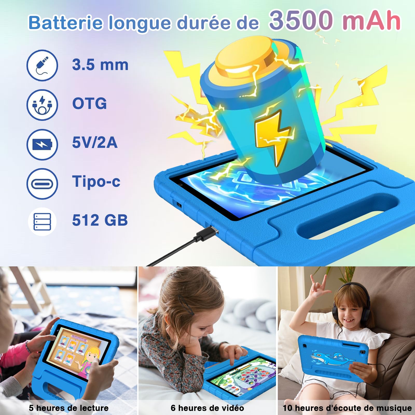 Tablette pour 7 Pouces Android Tablette Enfants avec 10GB+64GB(TF 1TB),Kids Tablette Tactile Octa-Core,Éducative Apps Pré-Installé,Contrôle Parental, WiFi 6, BT5.0,Cas EVA - Bleu