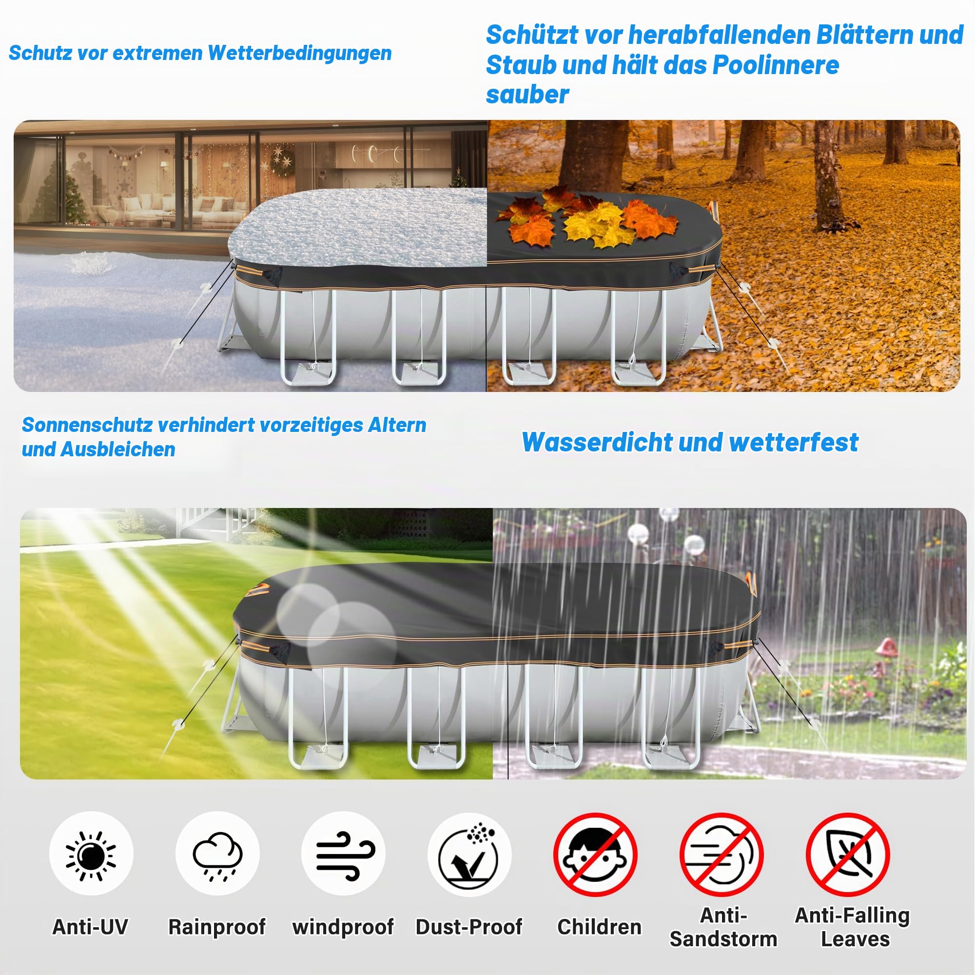 rechteckige Pool Abdeckung, 4x2m Heavy Duty Stoff Abdeckungen für oberirdische Schwimmbäder, einschließlich Seil Krawatte & Nägel, Winddicht reißfest wasserdicht UV-beständig