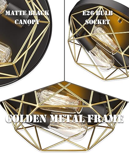 Miniatura 3 de HWH - Lámpara de techo industrial de 2 luces, montaje empotrado de jaula de metal de latón, negro y dorado para dormitorio, pasillo, vestíbulo, sala