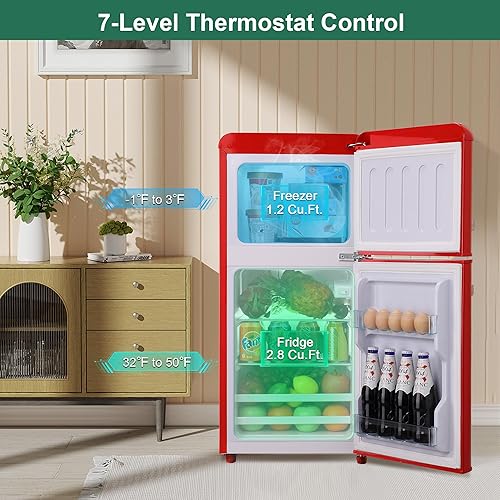 Miniatura 3 de Mini refrigerador retro con congelador de 4.0 pies cúbicos, refrigerador pequeño con termostato ajustable de 7 niveles, refrigerador compacto