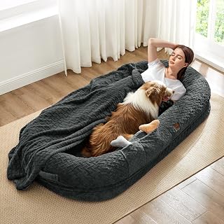 ChiXnuggle Orthopedic Human Dog Bed,with Faux Fur Washable Cover,Blanket | dark grey,72*40*10,giant dog bed for adult or extra large dogs,egg crate foam,non-slip bottom