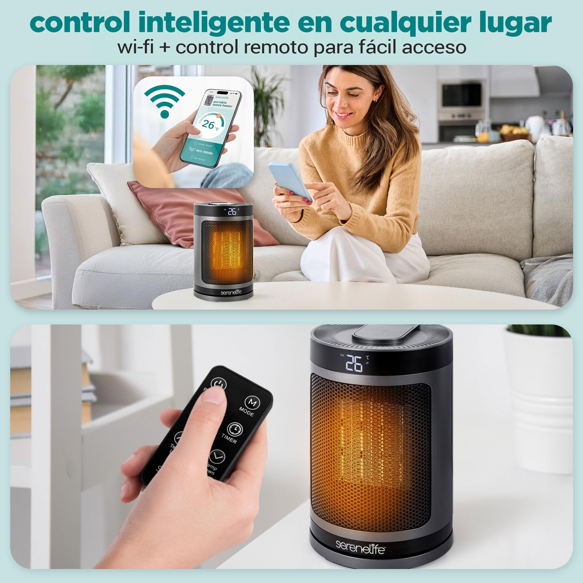 SereneLife Termoventilatore e Stufetta Elettrica da Bagno, 1500 Watt PTC Ceramico Wi-Fi Telecomando Timer 12 h 15 x 15 x 24 cm, Casa e Ufficio, Grigio, Capacità Flusso Aria Elevata, SLSPCHTRW3GY