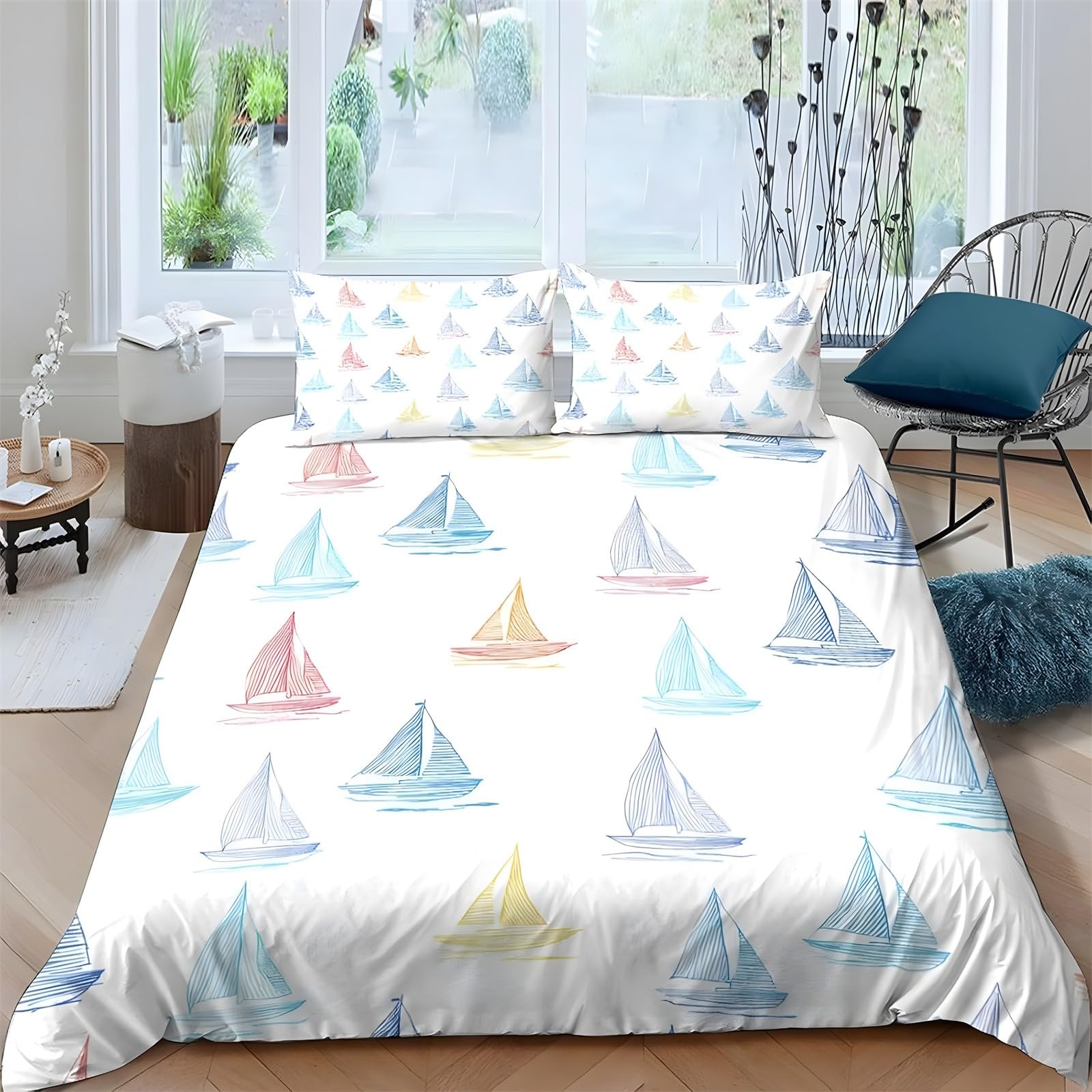 Ypthriline Single Duvet Cover Set Sailboat Bedding Set Microfiber Watercolor Duvet Covers with Pillowcases Reversible Bedding With Zipper Closure 135x200CM