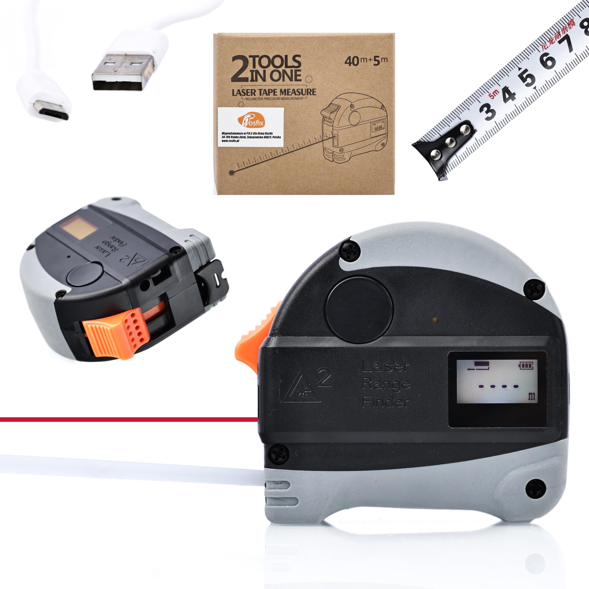 Medidor láser digital 40 m – Precisión 0,001 m, pantalla LCD, cinta de acero, batería recargable | Mediciones profesionales | Instrumento de medición