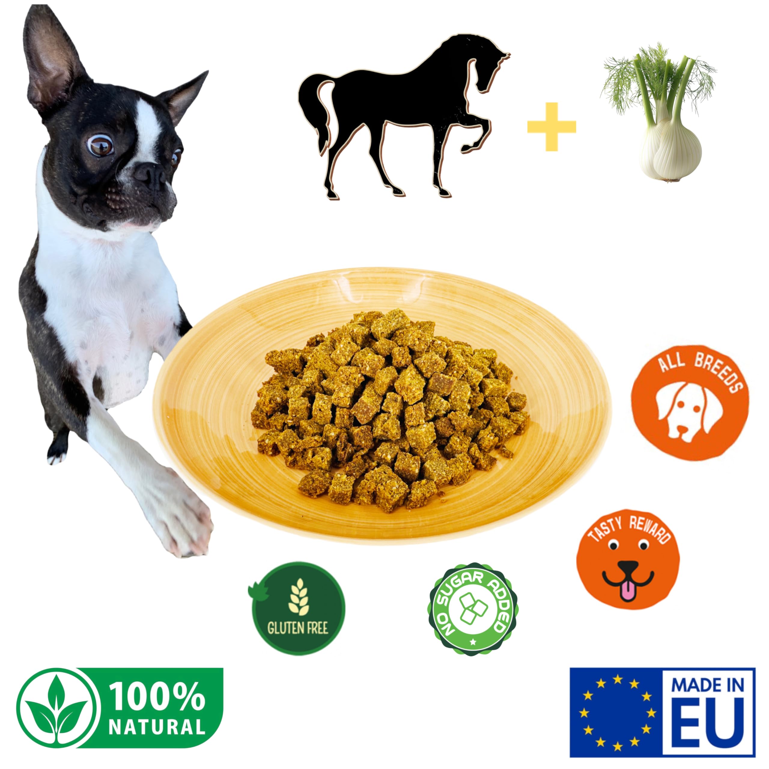 150g Premios Naturales de Caballo con Hinojo para Perros, Golosinas Blandas, Snacks para el Juego y el Entrenamiento. Hecho en Europa.