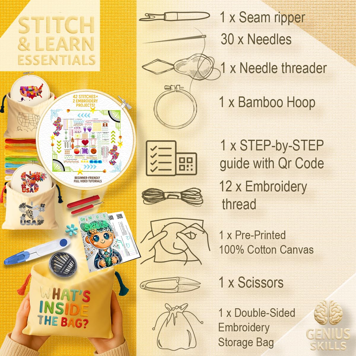 Beginners Embroidery Kit for Kids & Adults – DIY Set with 1 Printed Canvases, Bamboo Hoop, Tools & Threads – Learn 42 Stitches with QR Video Tutorials – Easy & Educational Gift - embroidery kit bag