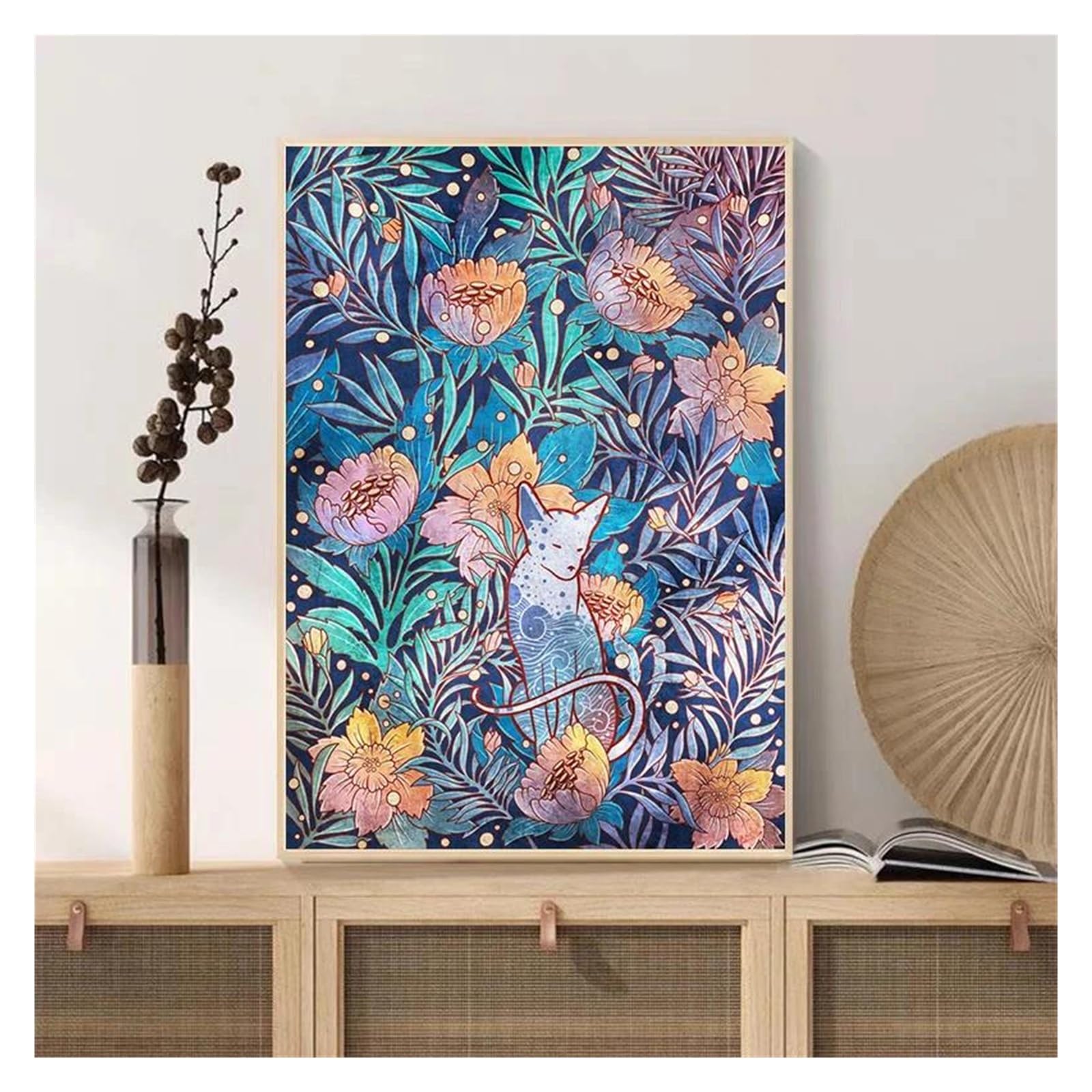Póster de gatos y flores con acabado artístico de alta definición sobre pintura en lienzo