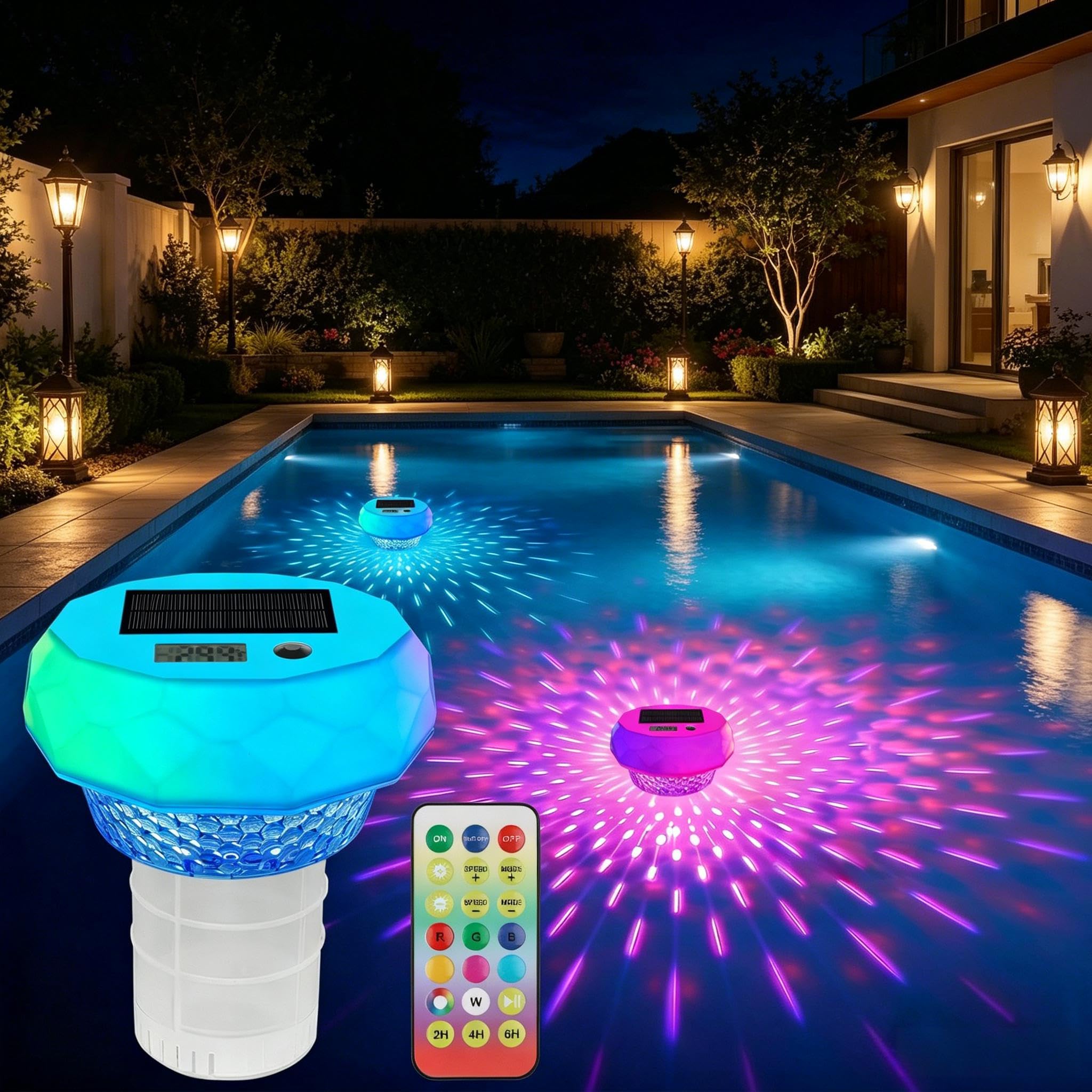 Solar Pool Thermometer Digital – Schwimmendes Thermometer mit LED-Bildschirm & Timerfunktion, 8 dynamische Lichteffekte, IP68 wasserdicht, solarbetrieben, für Pool & Teich