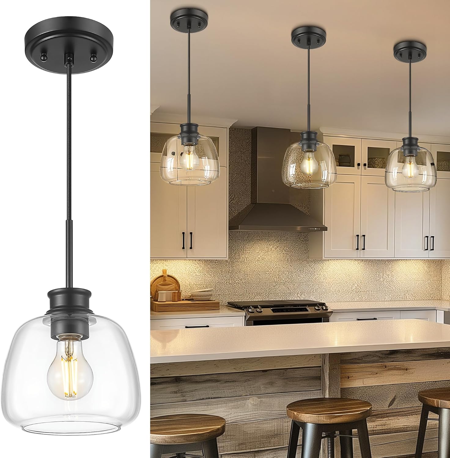 kudos Black Farmhouse Pendant Lights,7 inch Industrial Pendant Lighting for Kitchen Island with Clear Globe Glass Shade, Island Light Fixture Dining Room Entryway, KDPL12-BK-S Black 7 inch