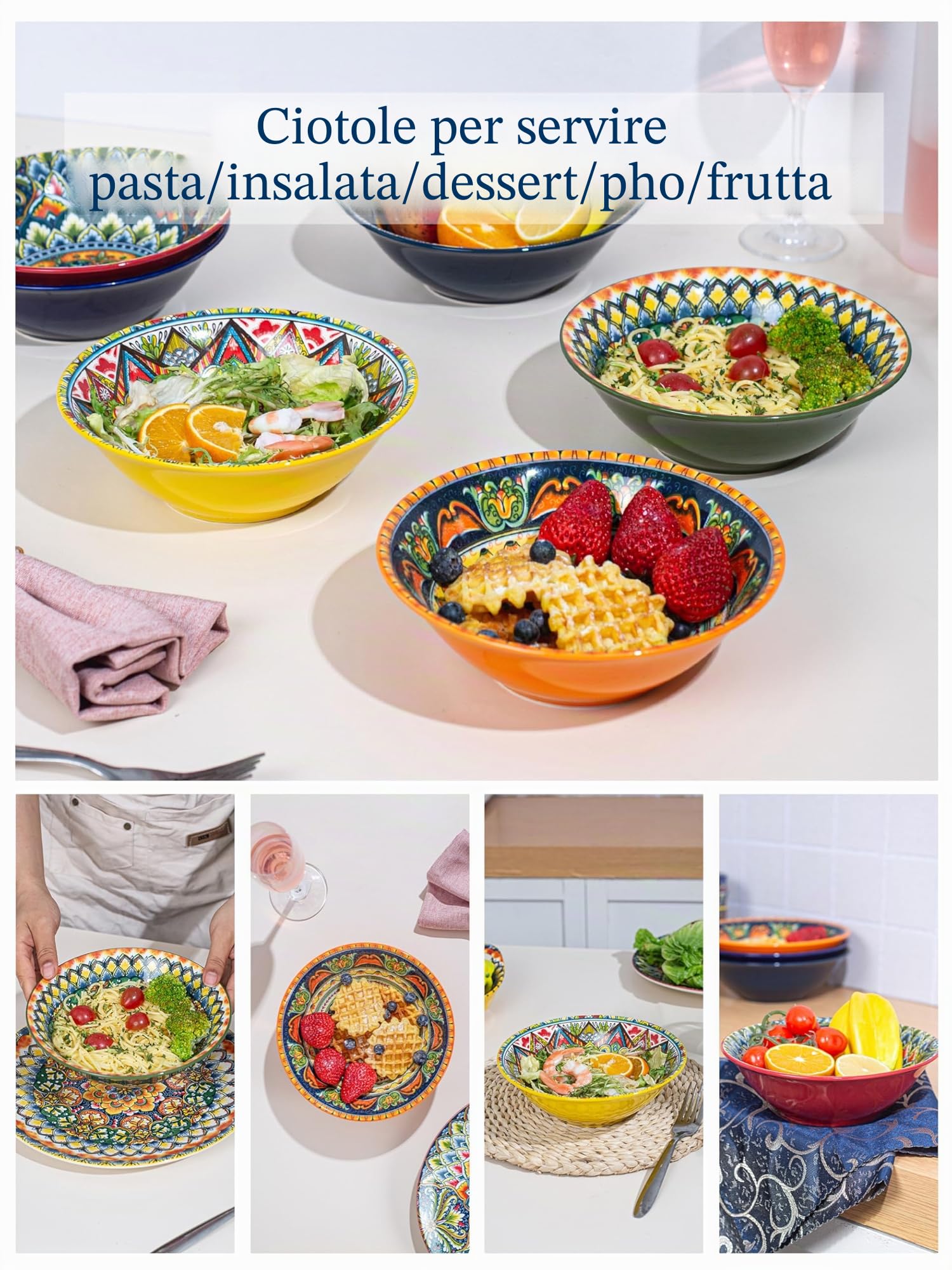 Henten Home Ciotole per Zuppa, Piatti Fondi Colorati in Ceramica - 900ml - Set di 6, Ciotole per Zuppa/Grandi Insalatiere Adatti al Forno a Microonde e Lavastoviglie - Stile Boho
