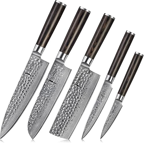 SENKEN Damasco - Juego de cuchillos de 5 piezas, colección Ronin con núcleo de acero japonés VG10, cuchillos de chef con mango de madera, Santoku,