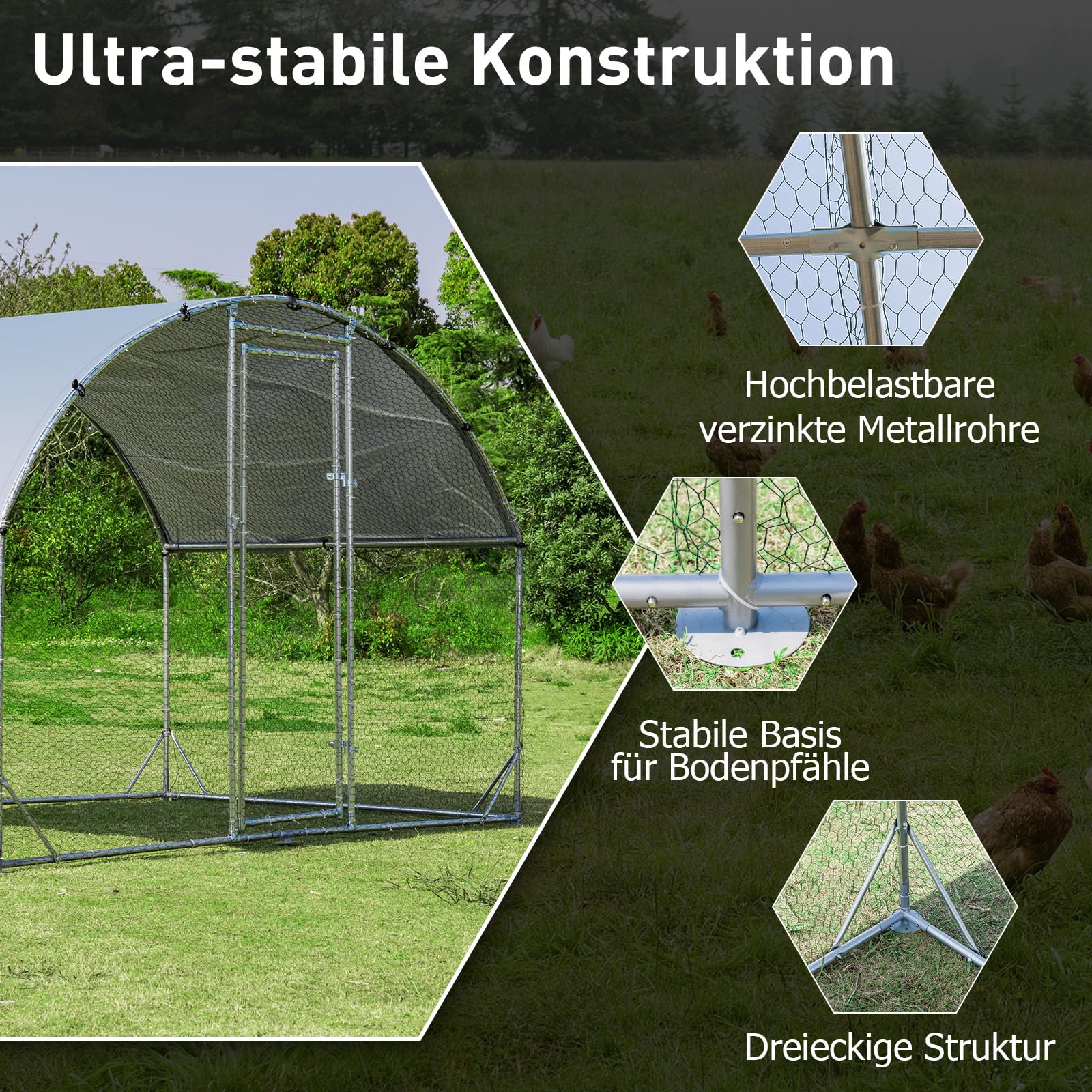 COSTWAY Hühnerstall Winterfest, Freilaufgehege aus Verzinktem Metall, Hühnergehege mit abschließbarem Tür & Kuppeldach & Drahtgeflecht, Freigehege für Hühner Kleintiere Hasen (190 x 280 x 195 cm)